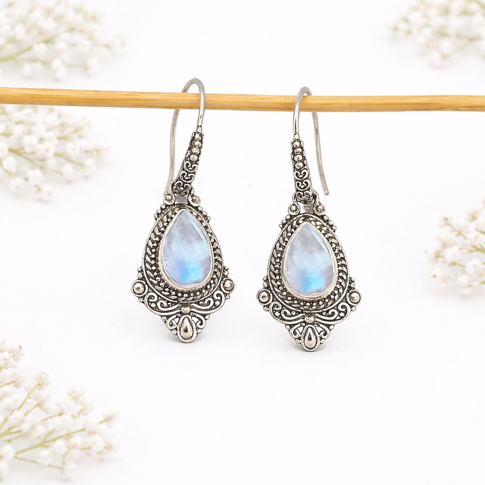 Teardrop Gemstone Earrings Front View Elegant handmade gemstone earrings for women in bohemian style