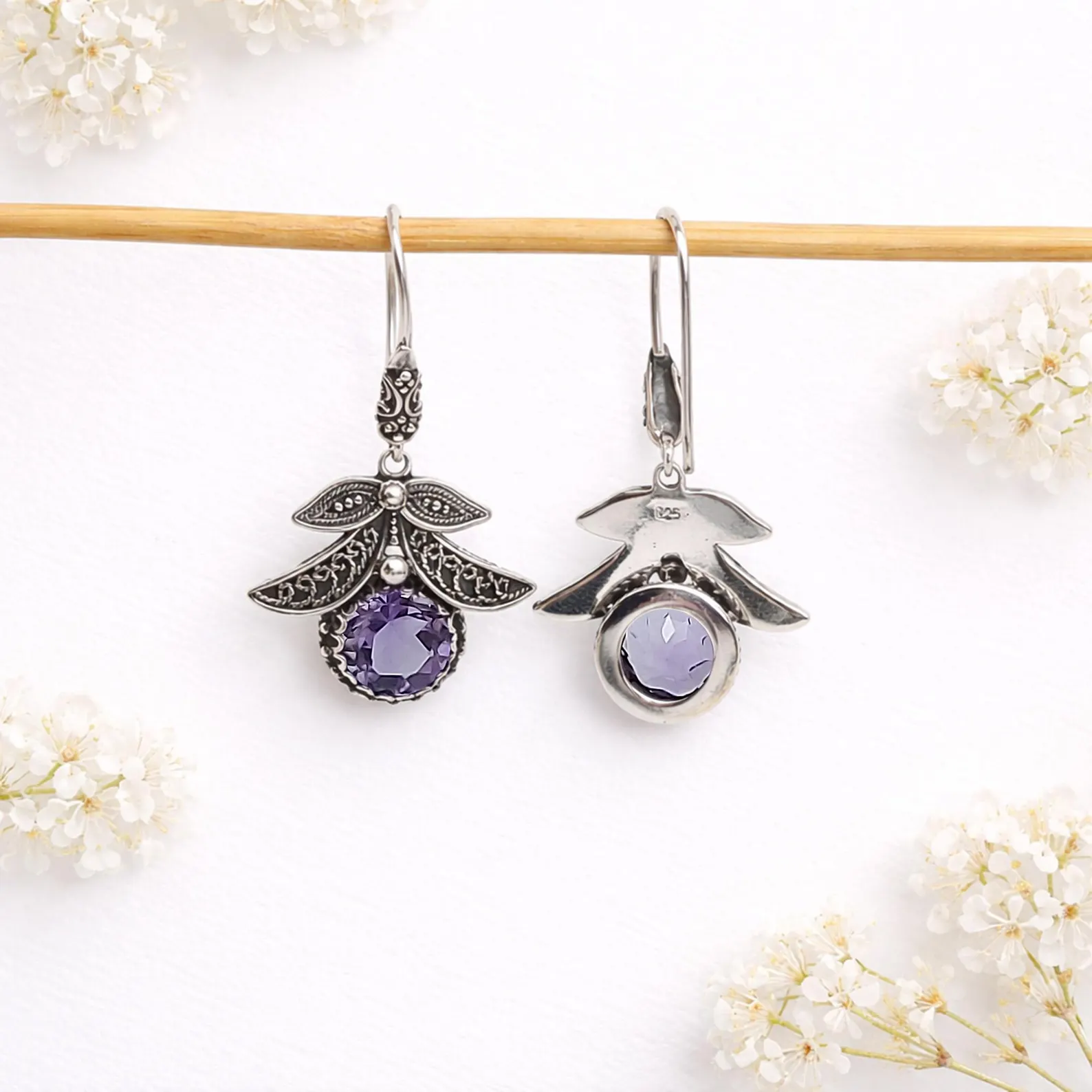 Sterling Silver Leaf Earrings Close-up