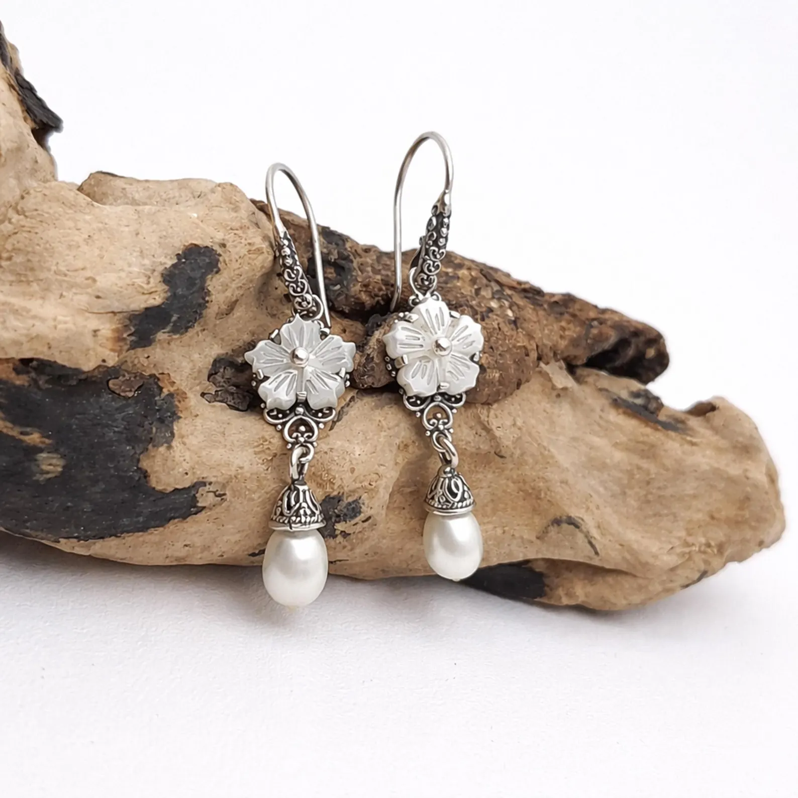 Sterling Silver Flower Earrings with Pearl Detail Feminine handmade Bali silver earrings with floral design