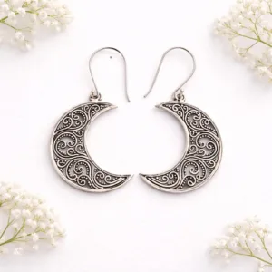 Sterling Silver Crescent Moon Filigree Dangle Earrings | Boho Lunar Jewelry