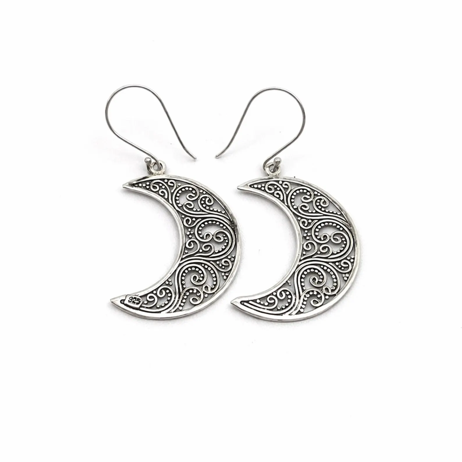 Crescent Moon Filigree Dangle Earrings Front View Sterling silver handmade moon earrings for women