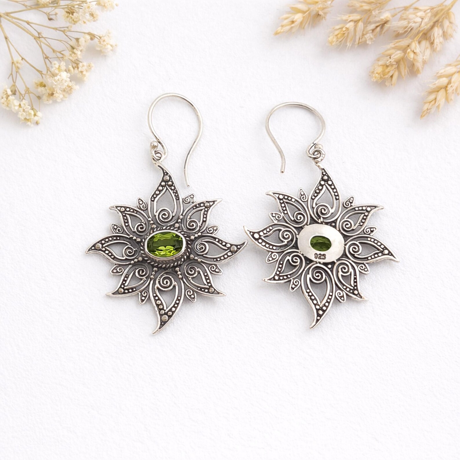 Sterling Silver Sun Earrings Close-up Detail Radiant handmade sun earrings in bohemian style
