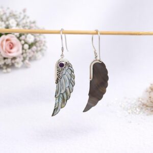 Close-up of detailed angel wing earrings in sterling silver