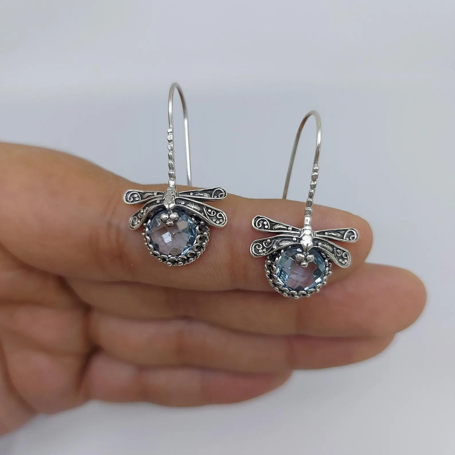 Sterling Silver Dragonfly Earrings Close-up Lightweight handmade dragonfly earrings for women
