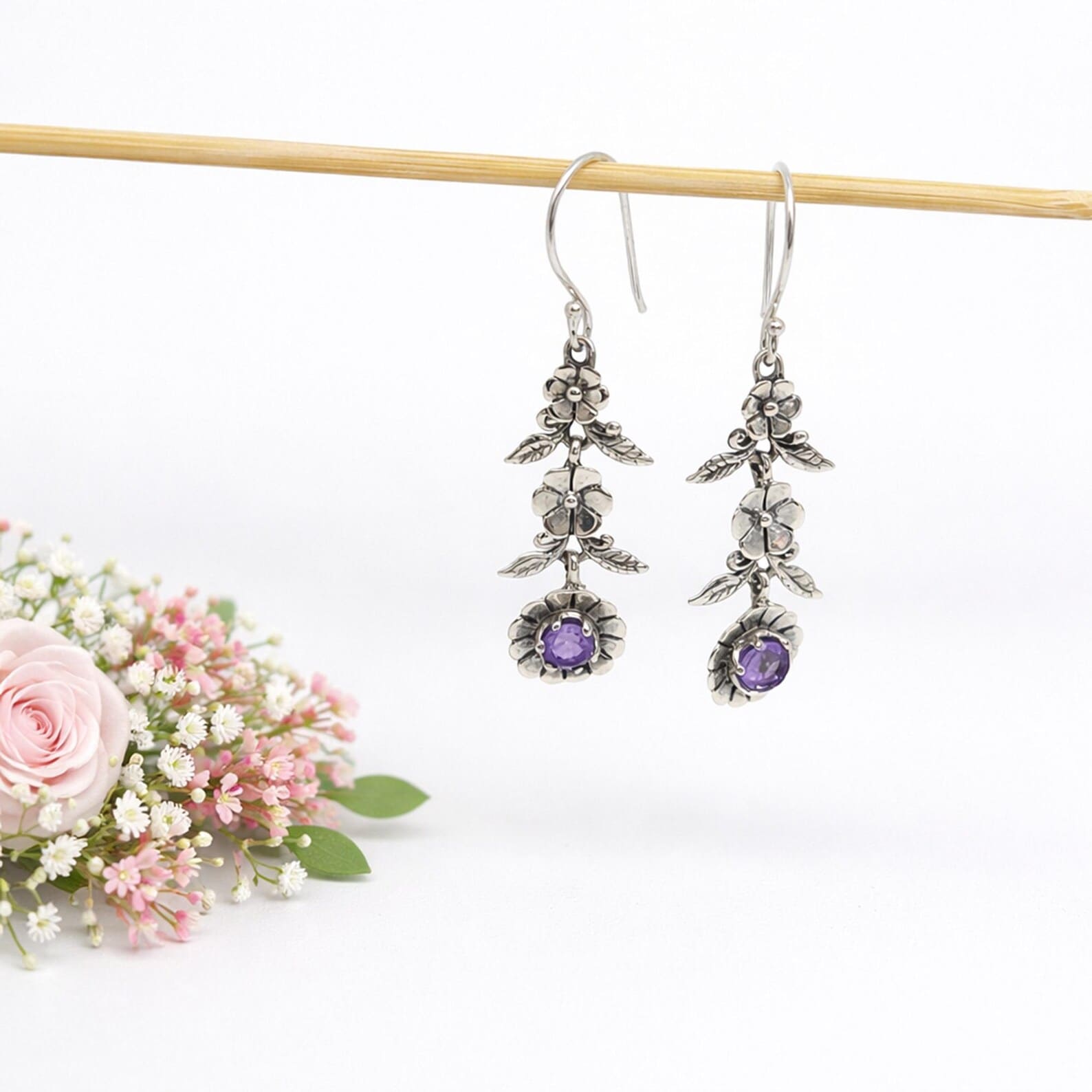 Handmade Flower Earrings Detail Shot Boho style flower earrings in sterling silver