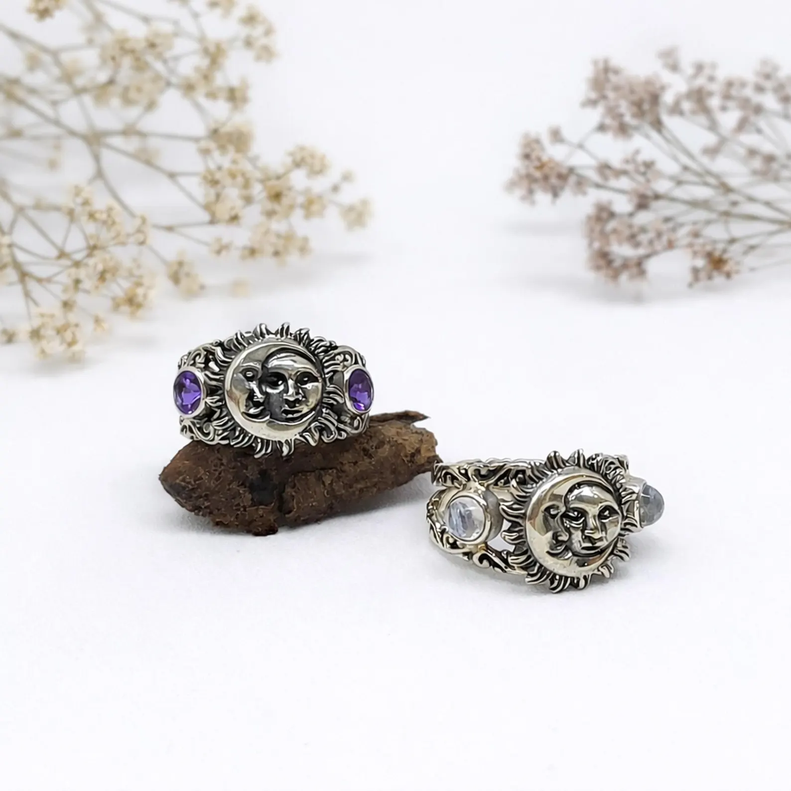Close Up Celestial Sun Moon Ring Detail Macro Bohemian celestial ring styled in natural light aesthetic photography