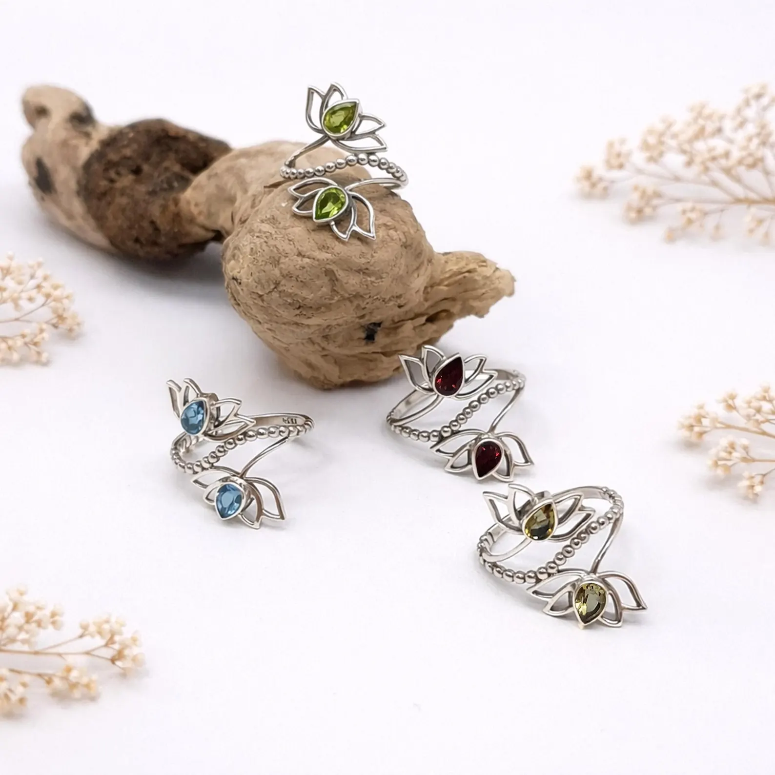 Boho Lotus Sterling Silver Ring Studio Light Detail Bohemian lotus silver ring styled in natural light aesthetic