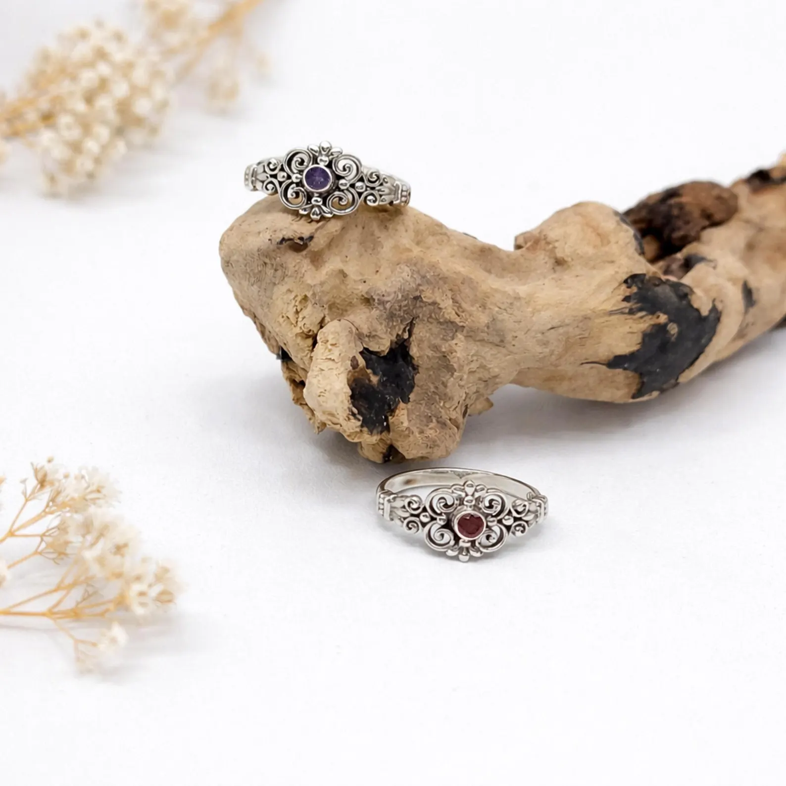 Close Up Intricate Filigree Silver Ring Detail Macro Bohemian filigree ring styled in natural light aesthetic photography