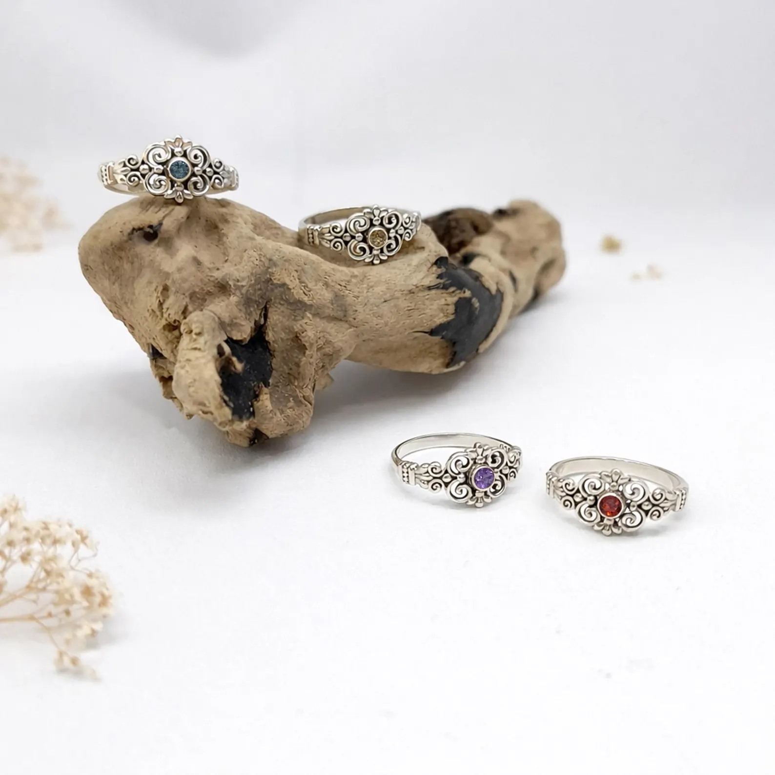 Handmade Bali Filigree Ring On Hand Lifestyle Shot Detailed lace pattern sterling silver ring artisan craftsmanship view