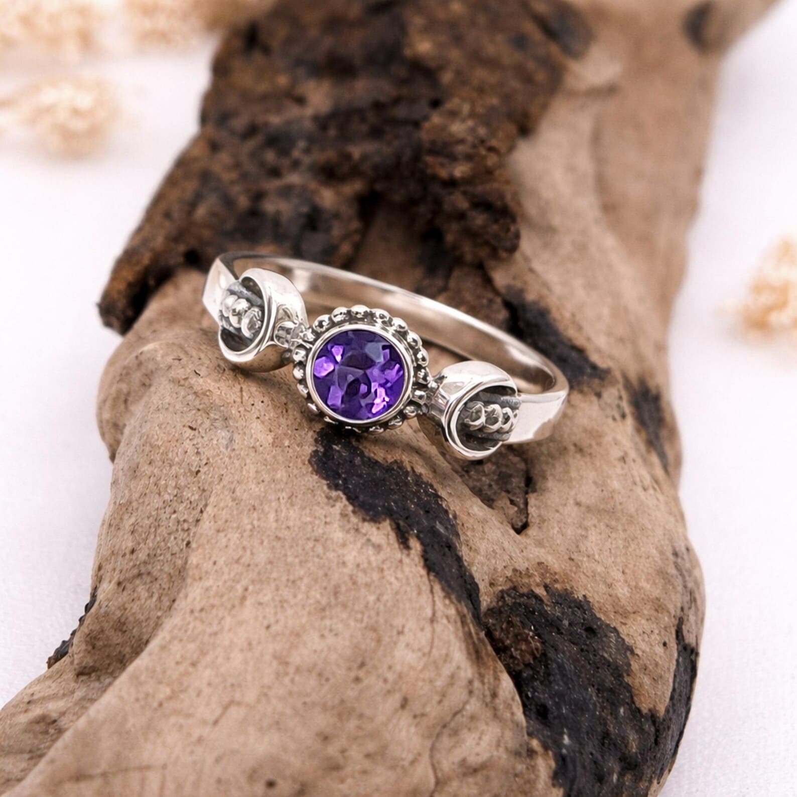 Handmade Bali Celestial Ring On Hand Lifestyle Shot Handmade Bali silver cosmic ring premium artisan jewelry detail