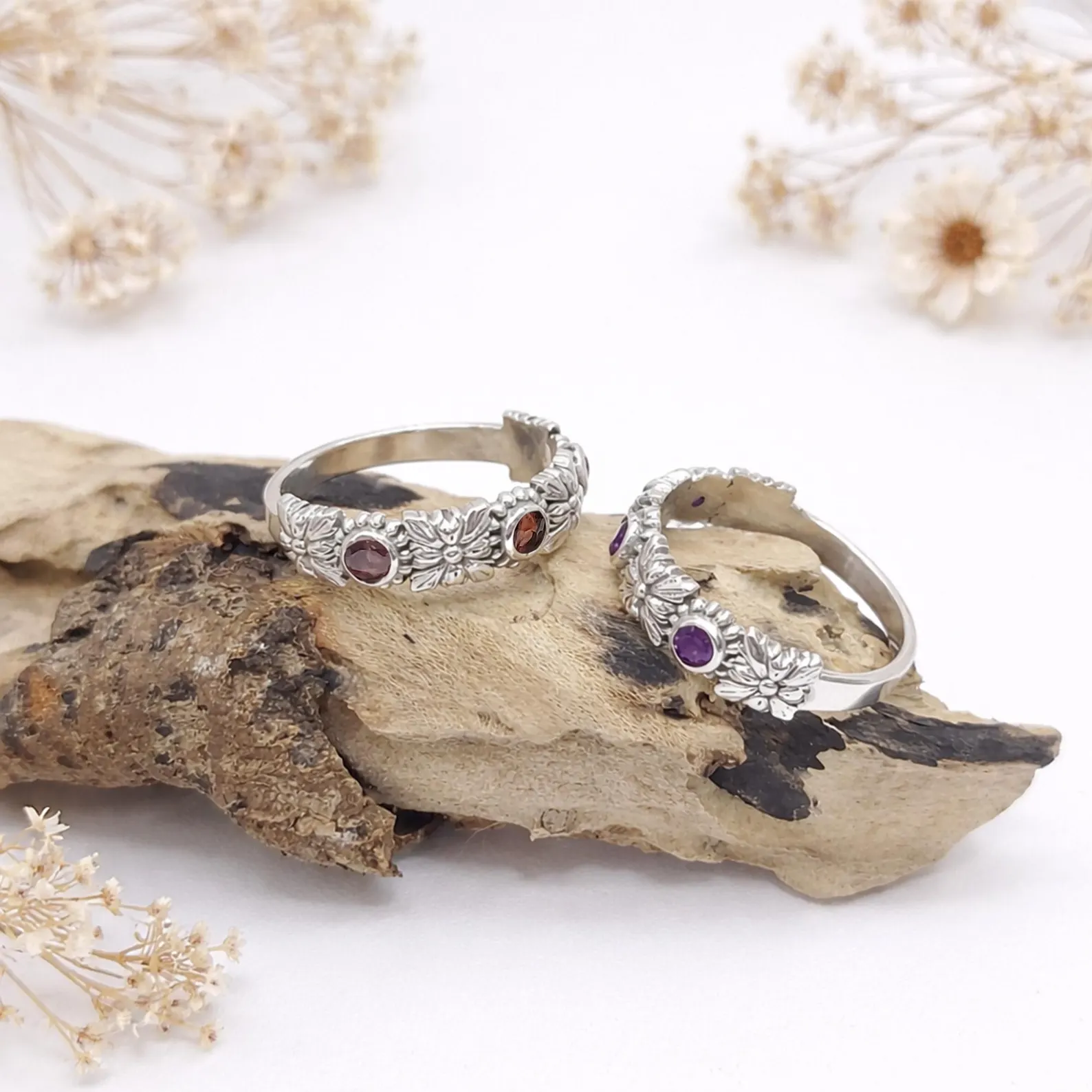 Close Up Floral Silver Ring With Gemstone Detail Macro