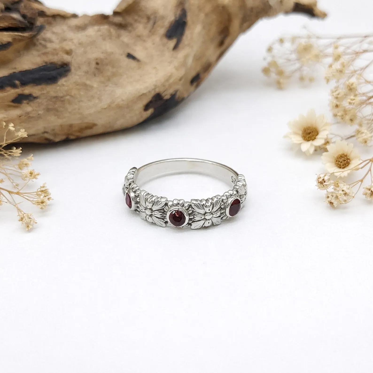 Handmade Bali Gemstone Flower Ring On Hand Lifestyle