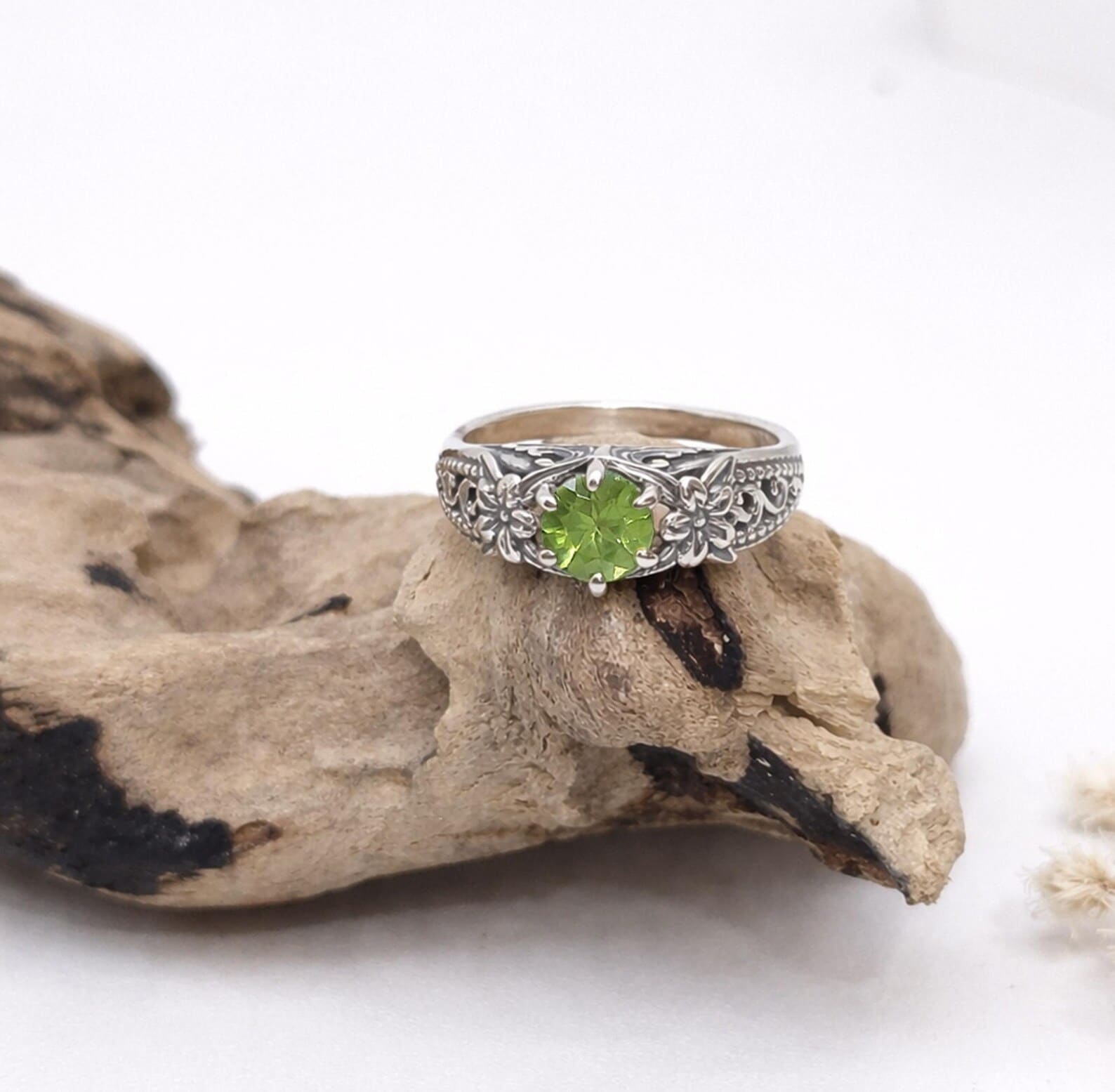 Artisan Handmade Silver Flower Ring Detail Shot Floral engraved sterling silver ring for women minimal bohemian style