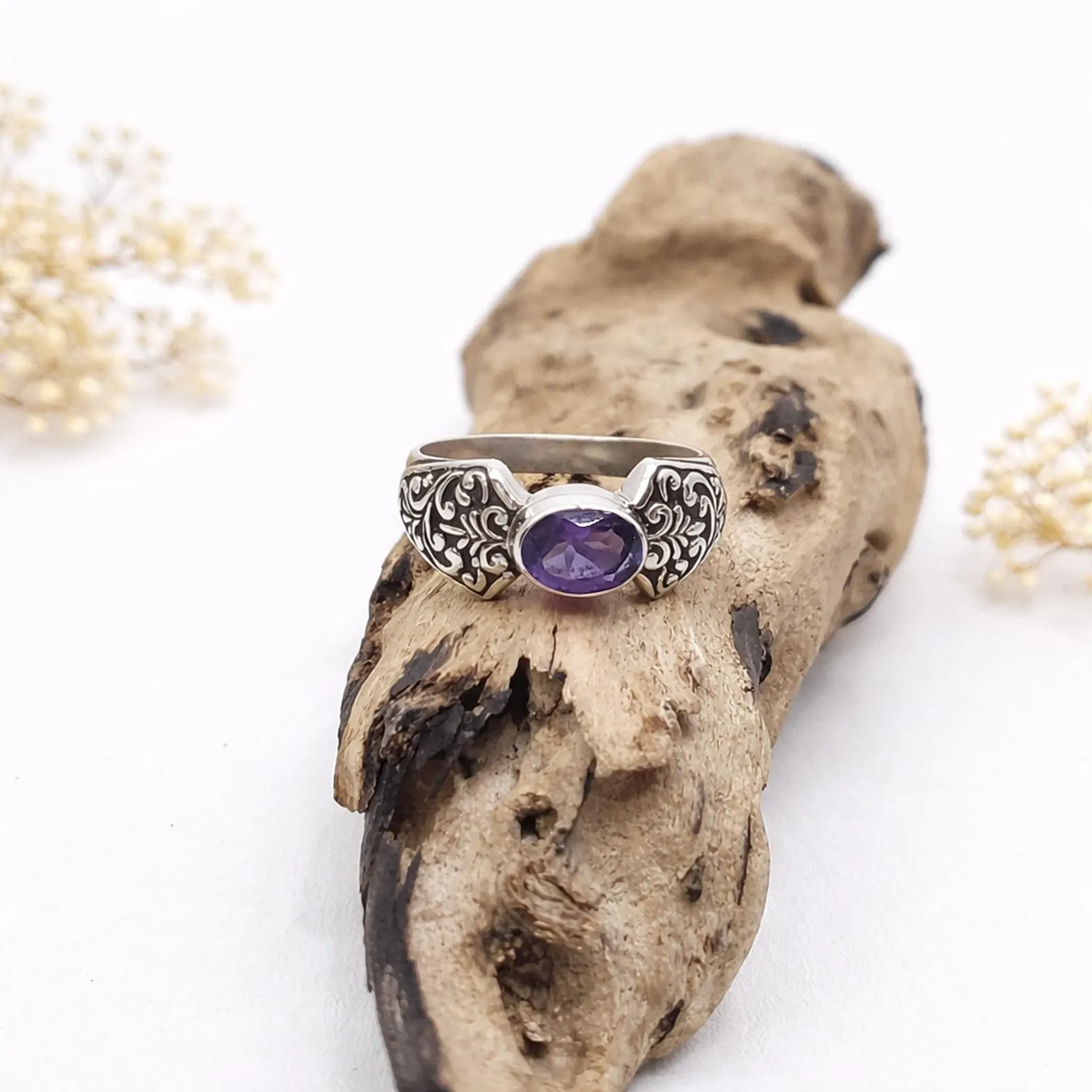 Sterling Silver Floral Engraved Ring Hero Shot1 Elegant 925 silver band ring with delicate floral engraving close-up