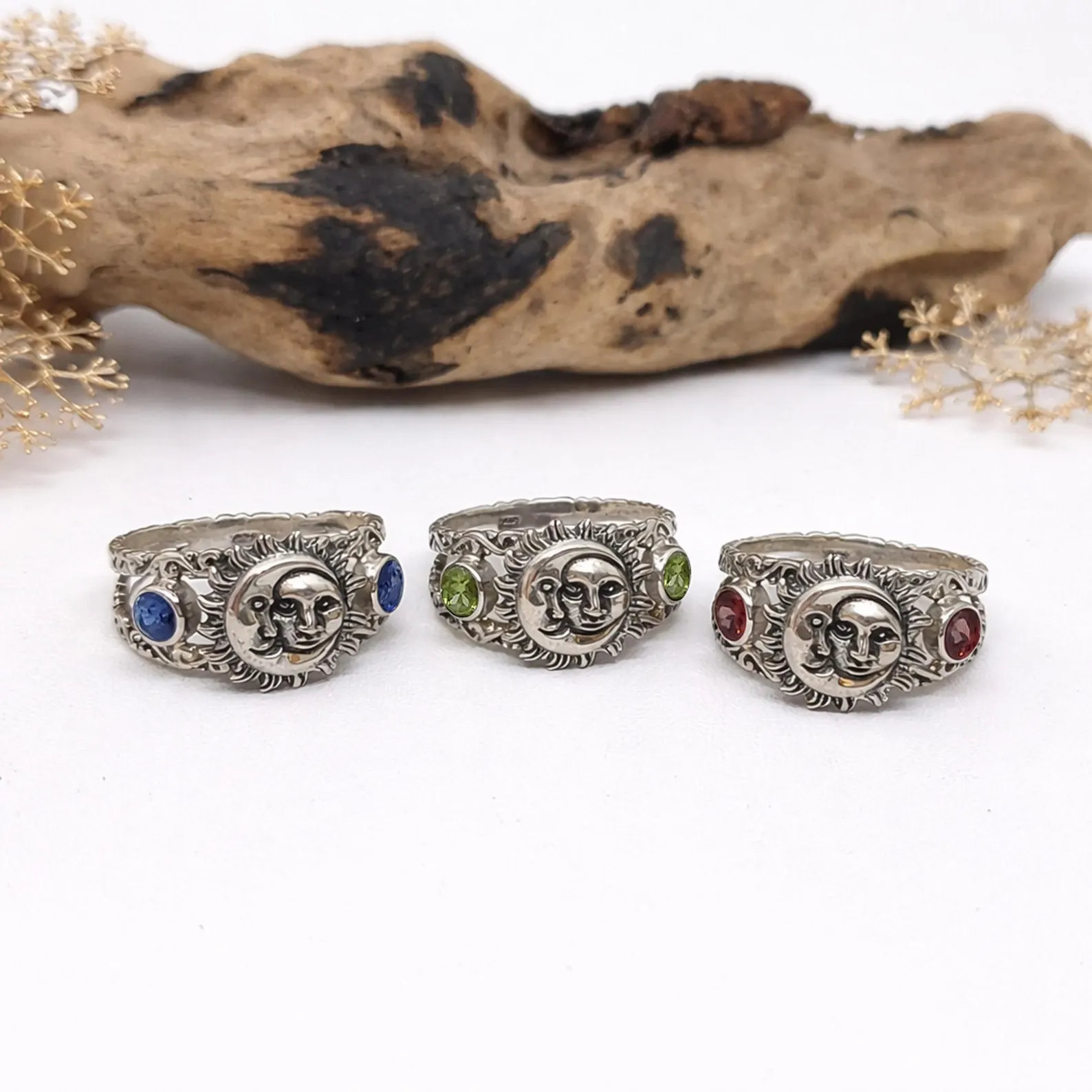 Sun And Moon Symbol Ring Flat Lay Jewelry Photo Nature inspired sun and moon ring handcrafted Bali artisan jewelry