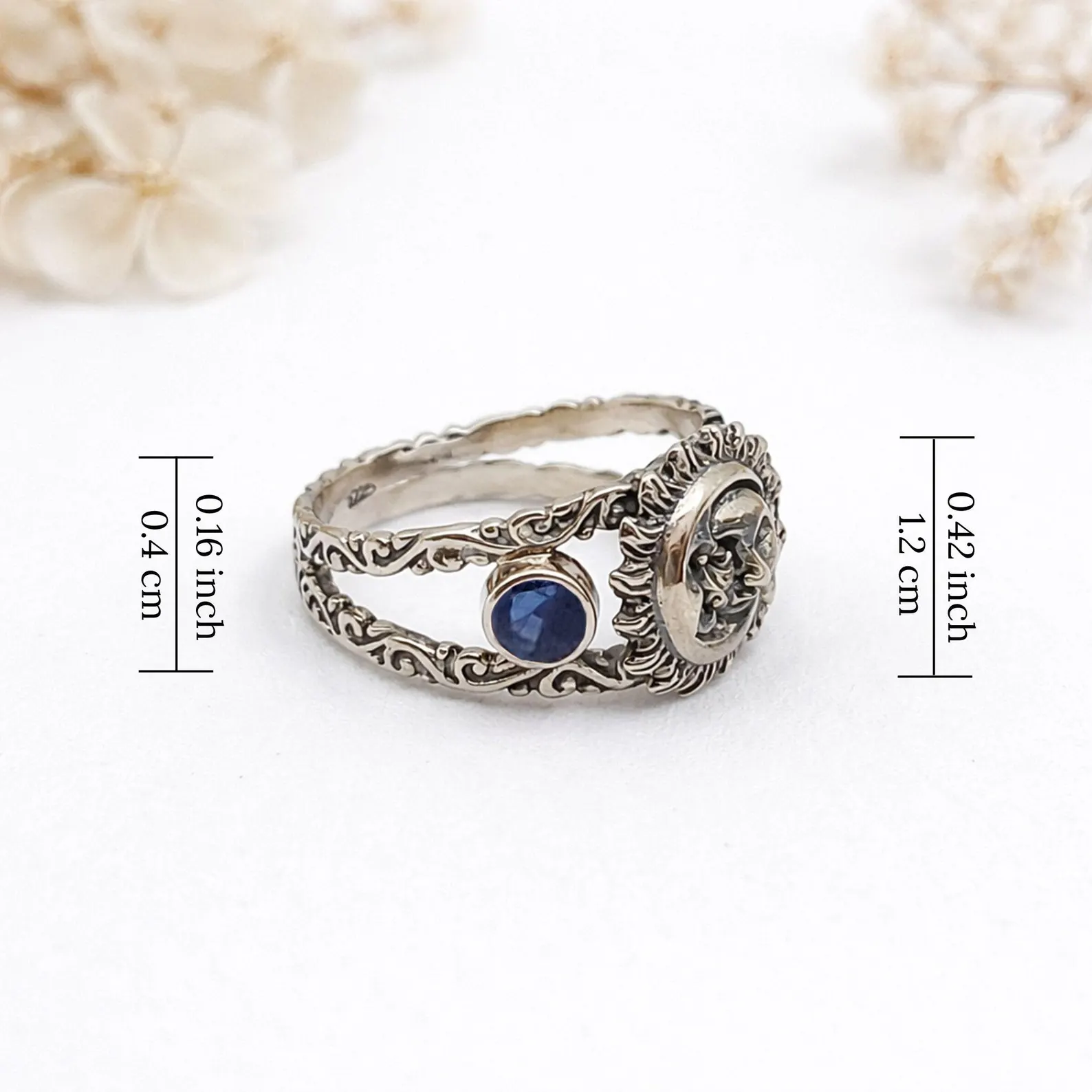 Elegant Celestial Ring Close Macro View Elegant celestial silver ring worn on hand bohemian style jewelry