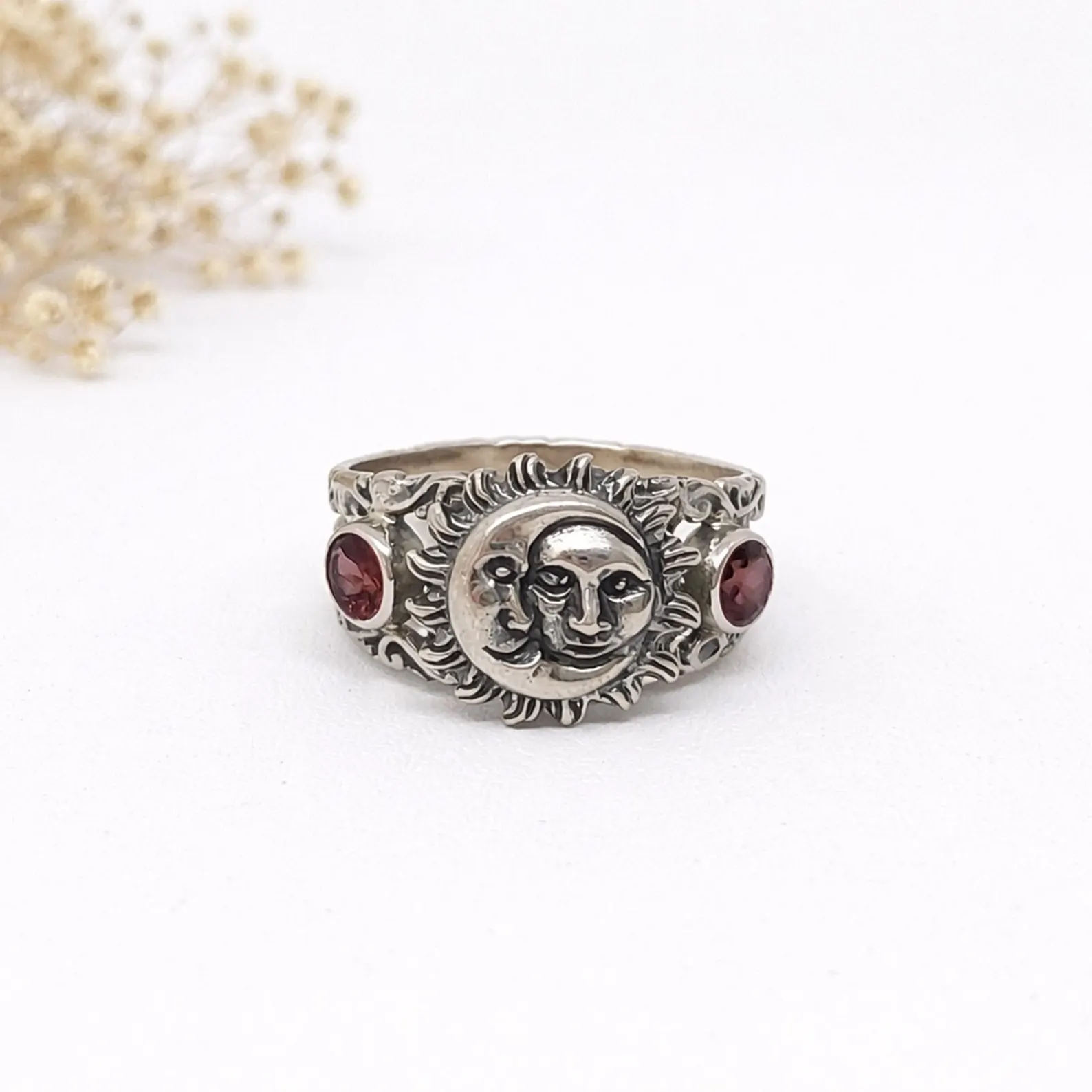 Moon Sun Bohemian Ring Outdoor Lifestyle Photo Handmade 925 sterling silver sun and moon ring with celestial boho design