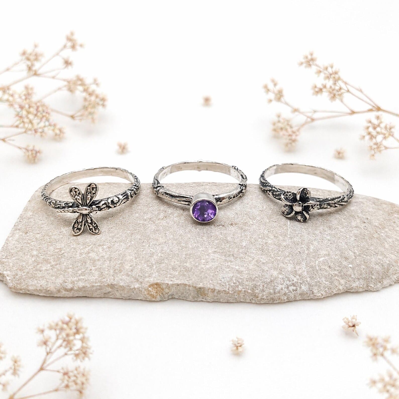 Frangipani Dragonfly Sterling Silver Ring Set Hero Shot