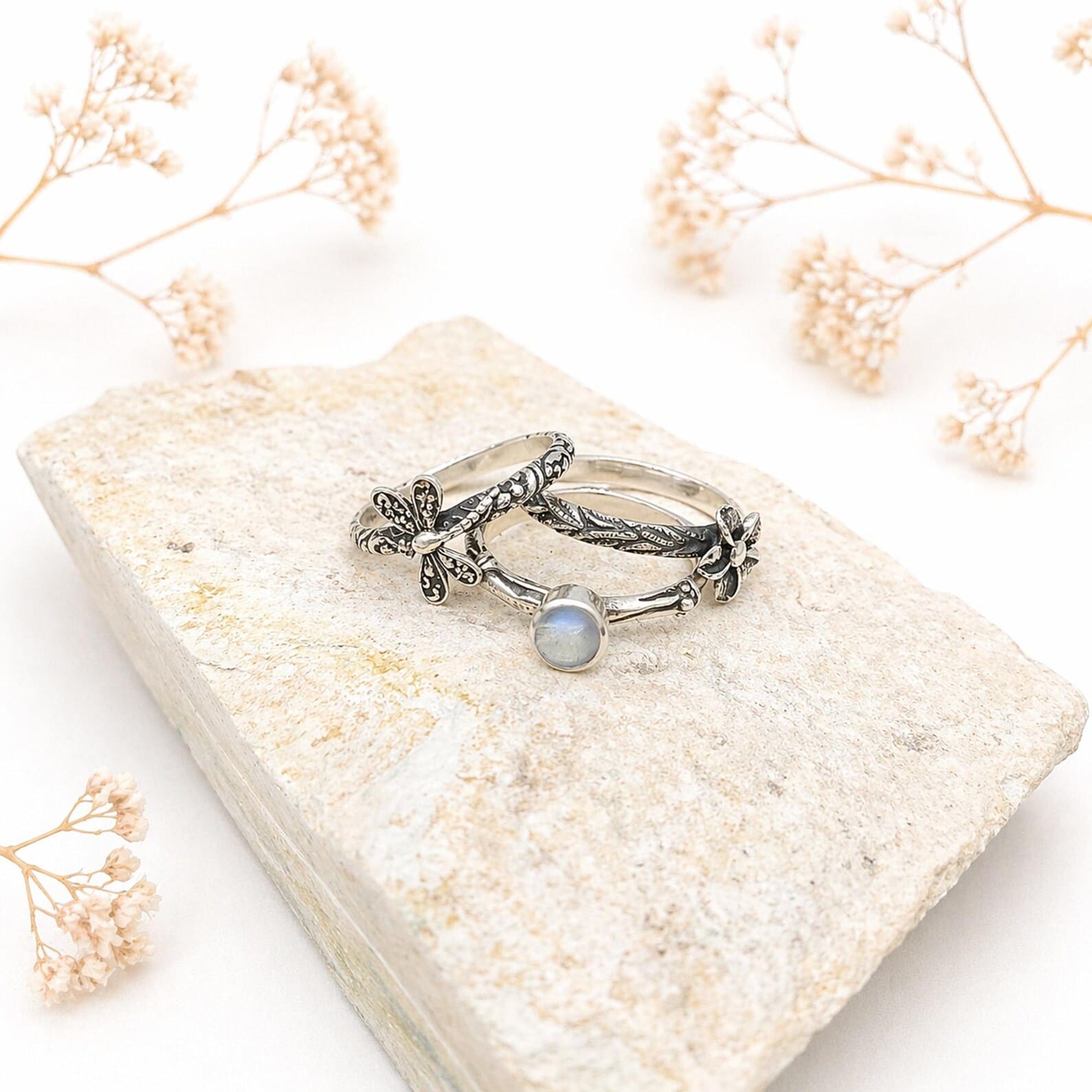 Dragonfly Sterling Silver Boho Ring Artisan Detail Shot Boho stackable rings styled outdoors in natural light aesthetic