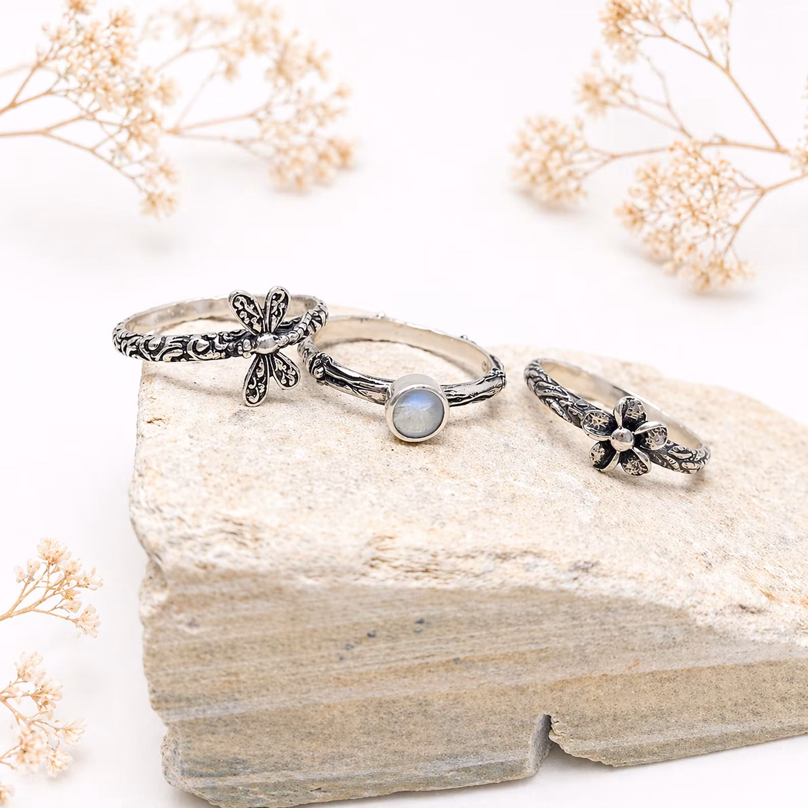 Minimal Bohemian Silver Rings Flat Lay Premium Style Detailed dragonfly sterling silver ring macro jewelry shot