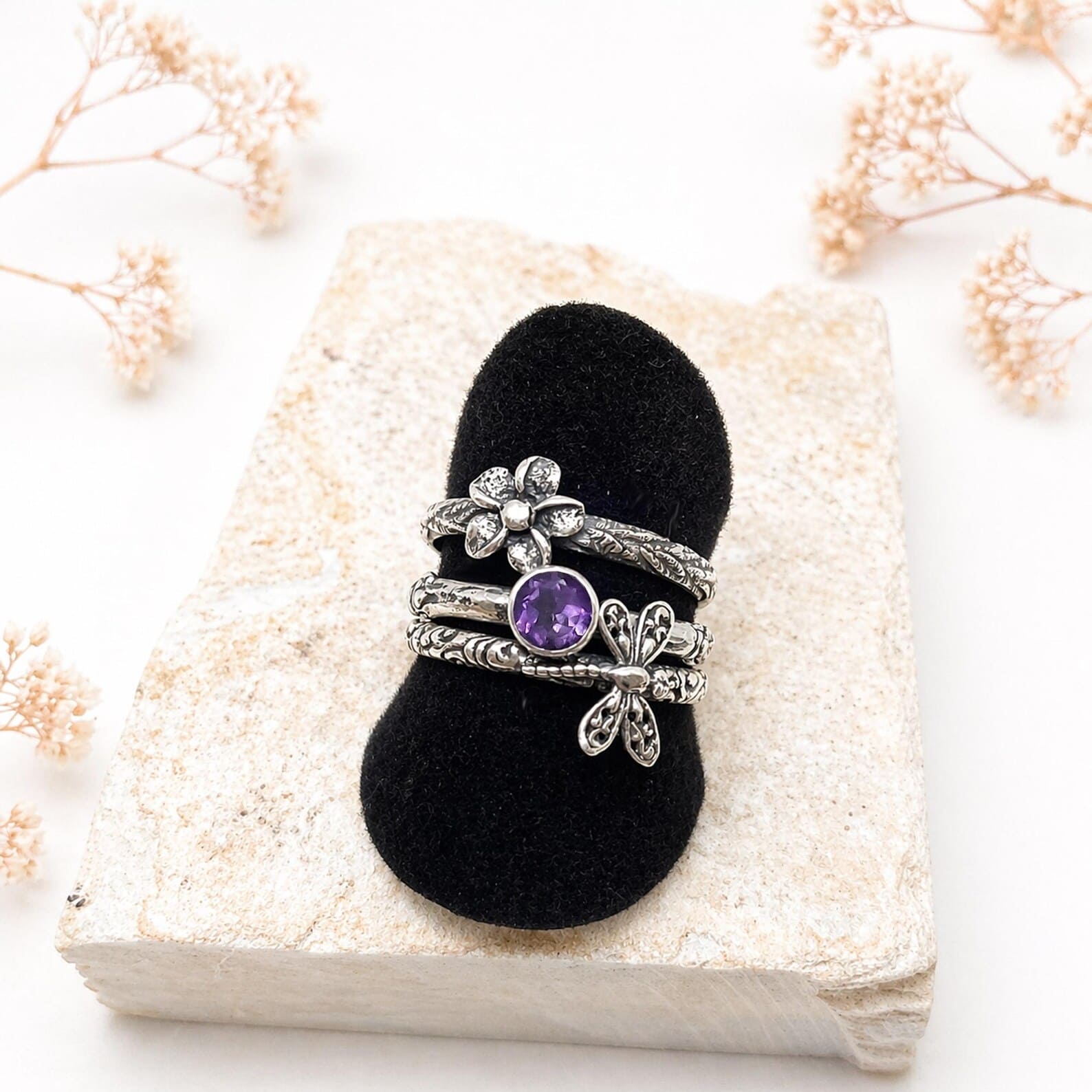 Minimal Bohemian Silver Rings Flat Lay Premium Style