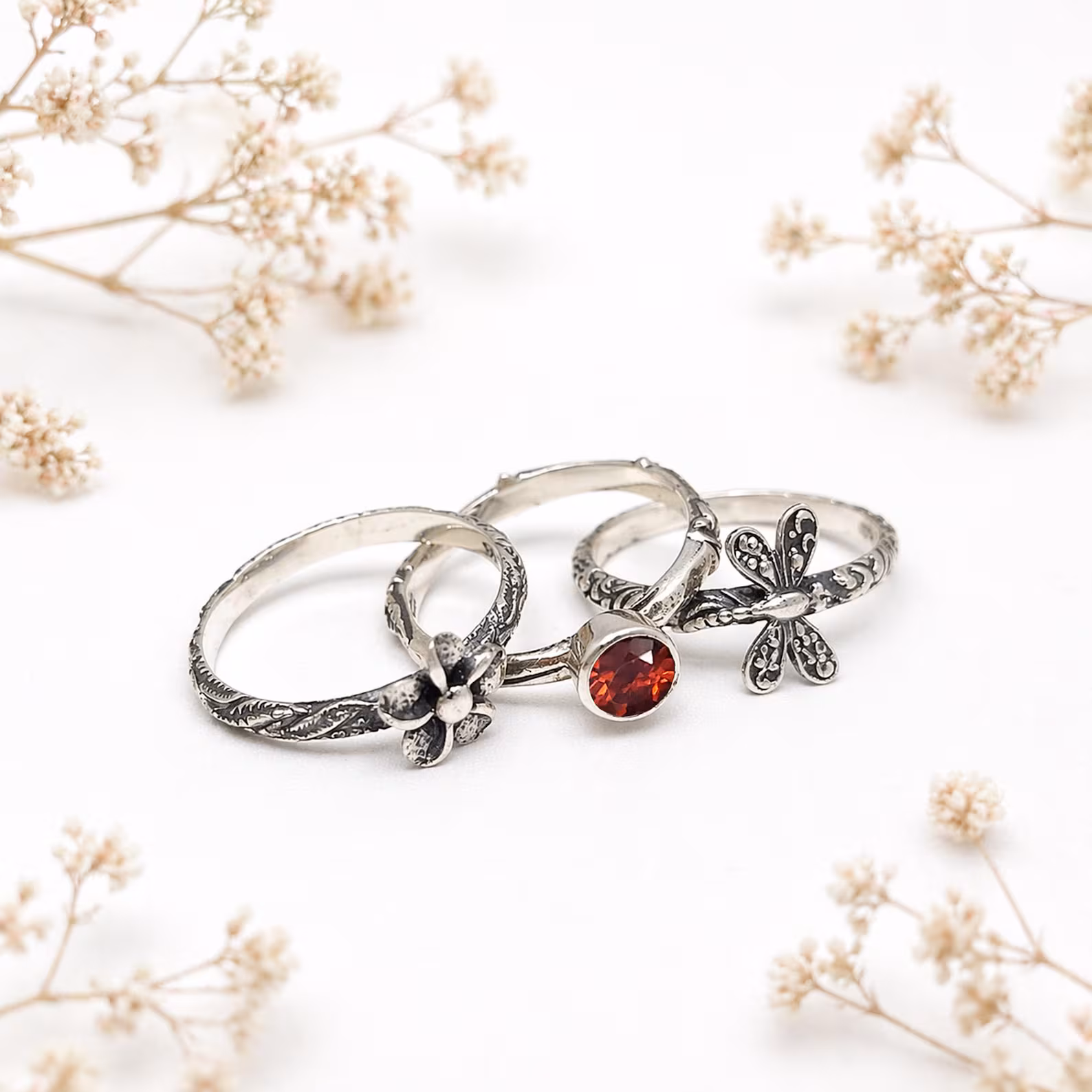 Stacked Rings Worn Elegant Feminine Jewelry Look Handmade 925 sterling silver stackable ring set with frangipani flower and dragonfly designs