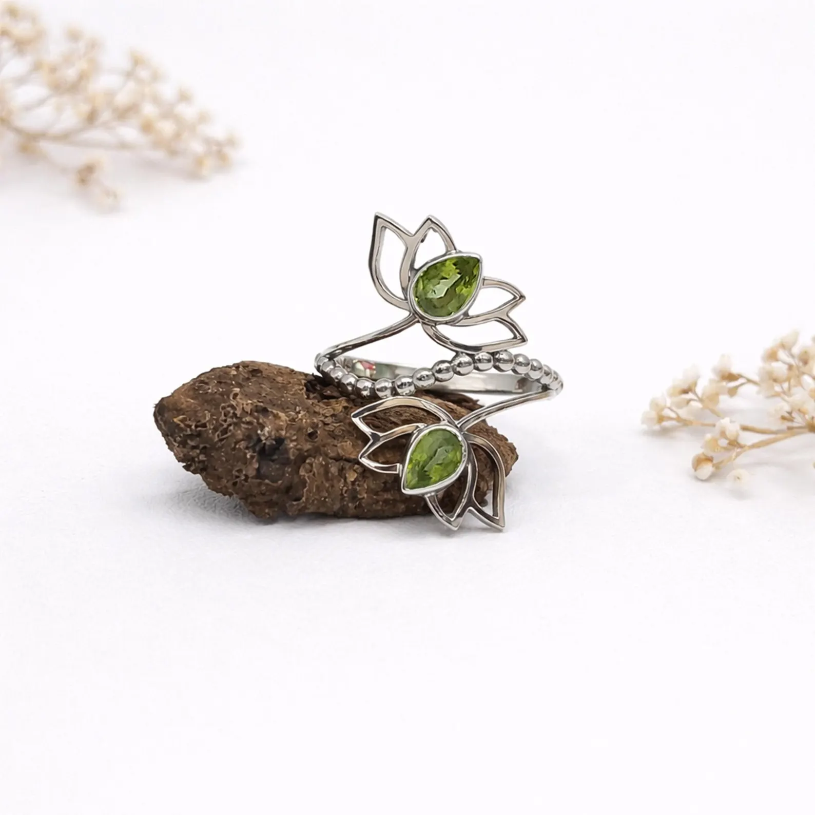 Elegant Lotus Statement Ring Close Macro View Statement sterling silver lotus ring for women close-up detail view