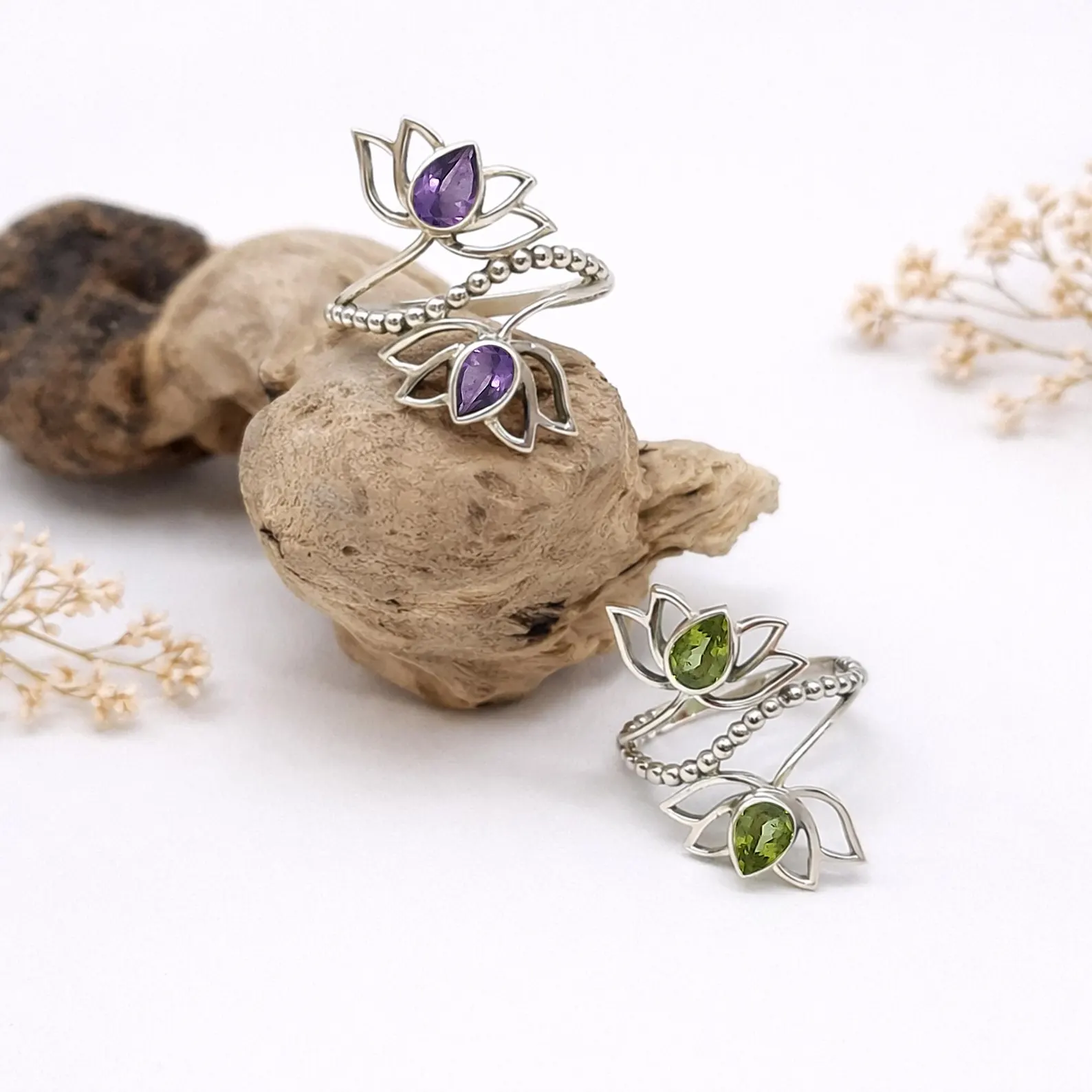 Lotus Flower Ring Outdoor Lifestyle Photography Elegant boho lotus silver ring worn on hand lifestyle jewelry shot