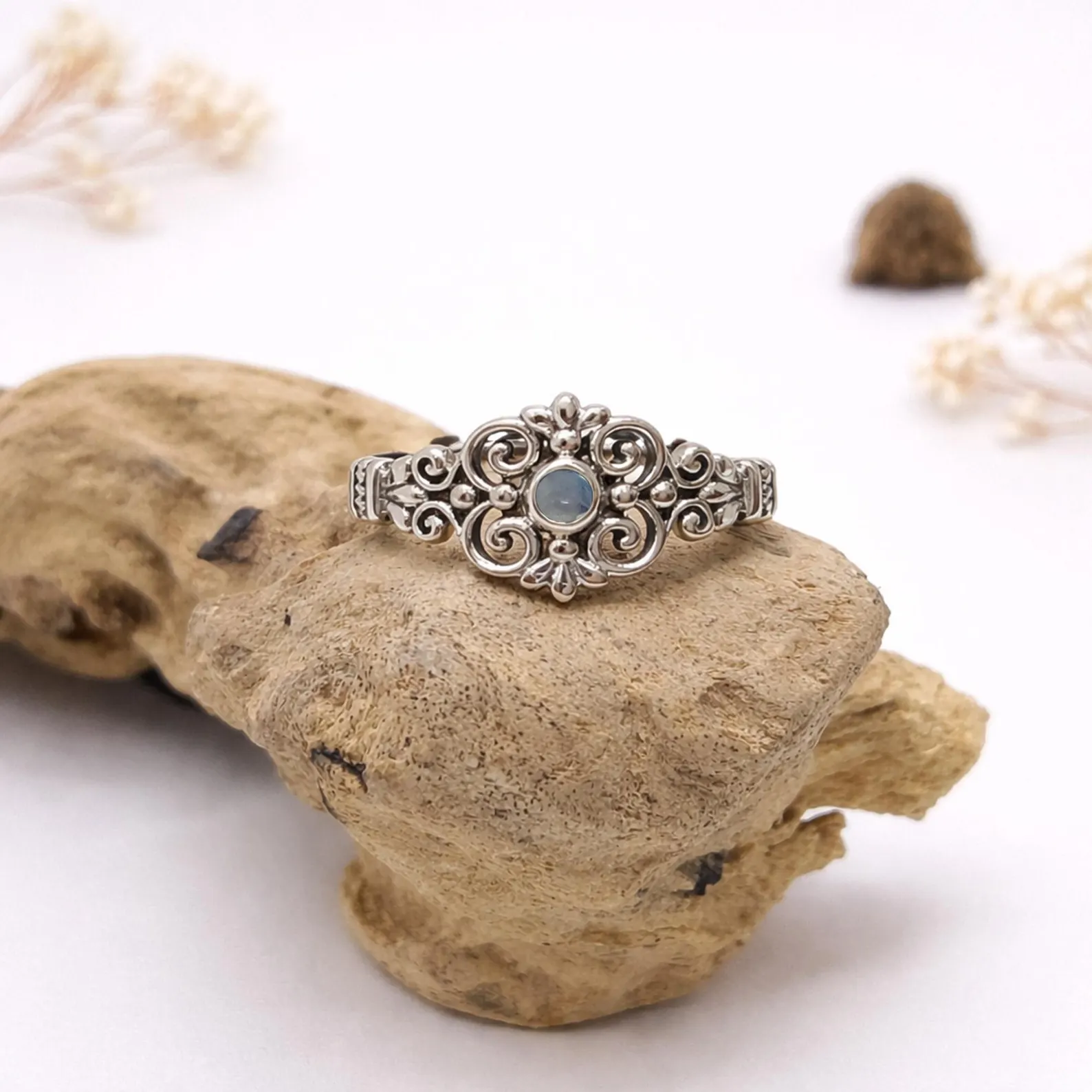 Artisan Handmade Silver Ring Macro Craft Detail Elegant boho filigree silver ring worn on hand lifestyle jewelry shot