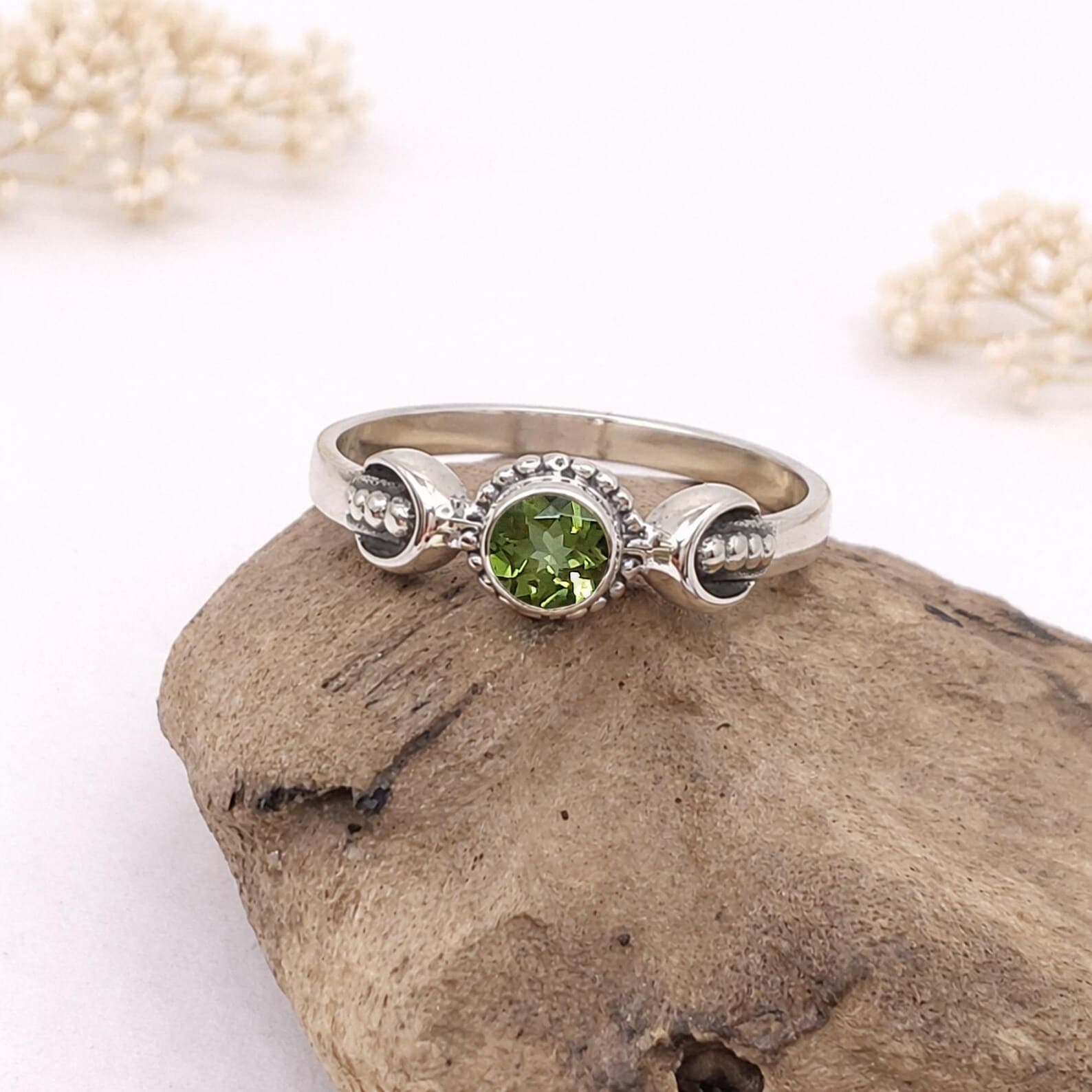 Boho Cosmic Sterling Silver Ring Studio Light Detail Bohemian celestial ring styled in natural light aesthetic photography