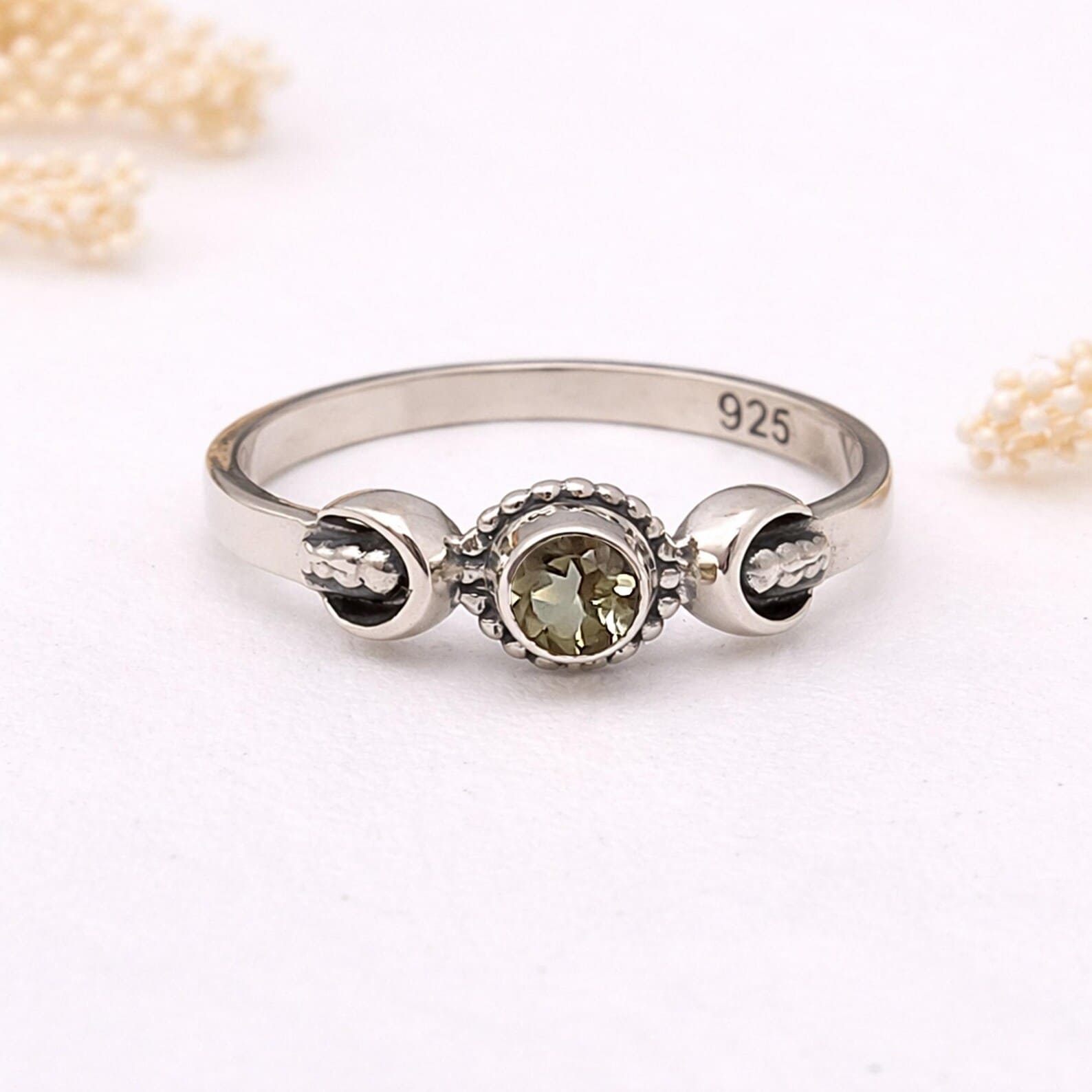 Moon And Star Silver Ring Flat Lay Jewelry Photo Detailed moon and star sterling silver ring artisan craftsmanship