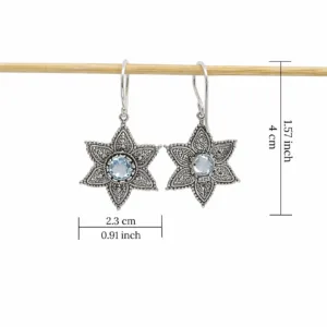 Close-up of detailed floral filigree silver earrings