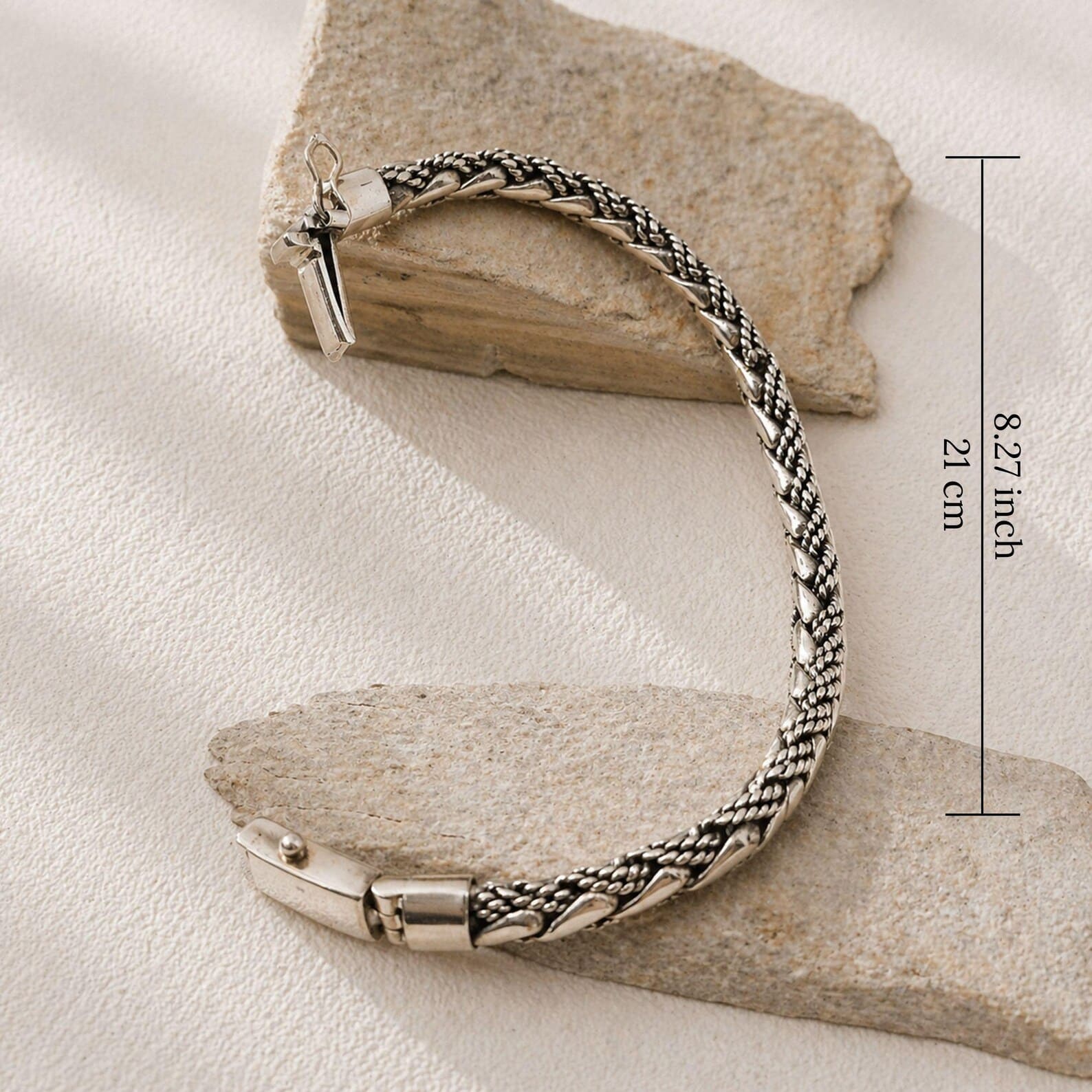 8mm Sterling Silver Woven Bracelet Front View Flat lay of 925 sterling silver bold woven bracelet