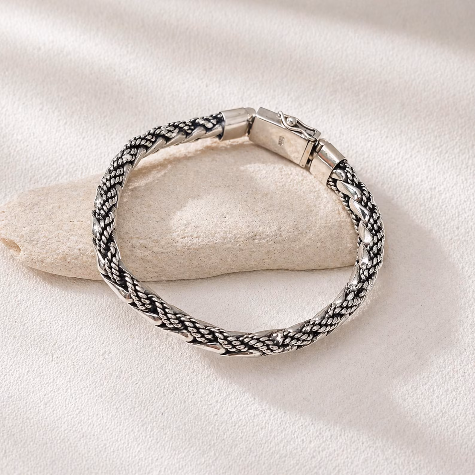 Handmade Silver Bracelet Clasp Detail Bold sterling silver bracelet worn on wrist