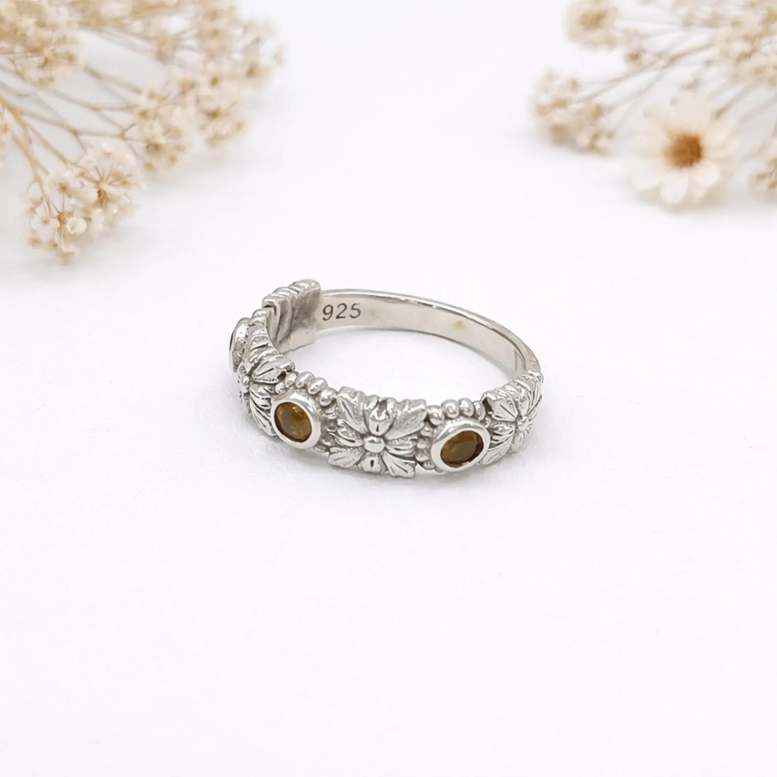 Elegant Gemstone Silver Ring Flat Lay Jewelry Photo