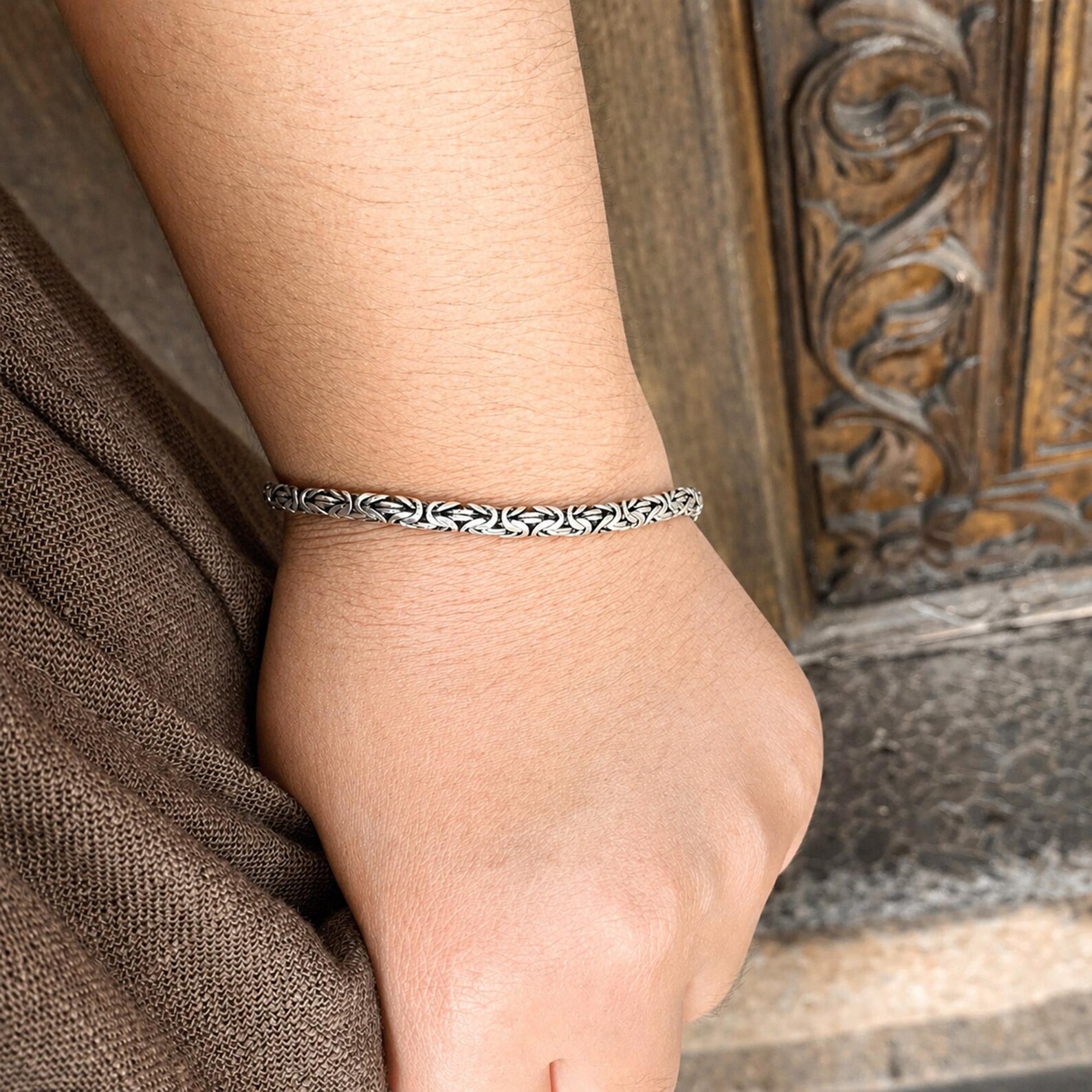 Byzantine Chain Bracelet Close-up Detail Handmade sterling silver Byzantine chain bracelet with intricate weave
