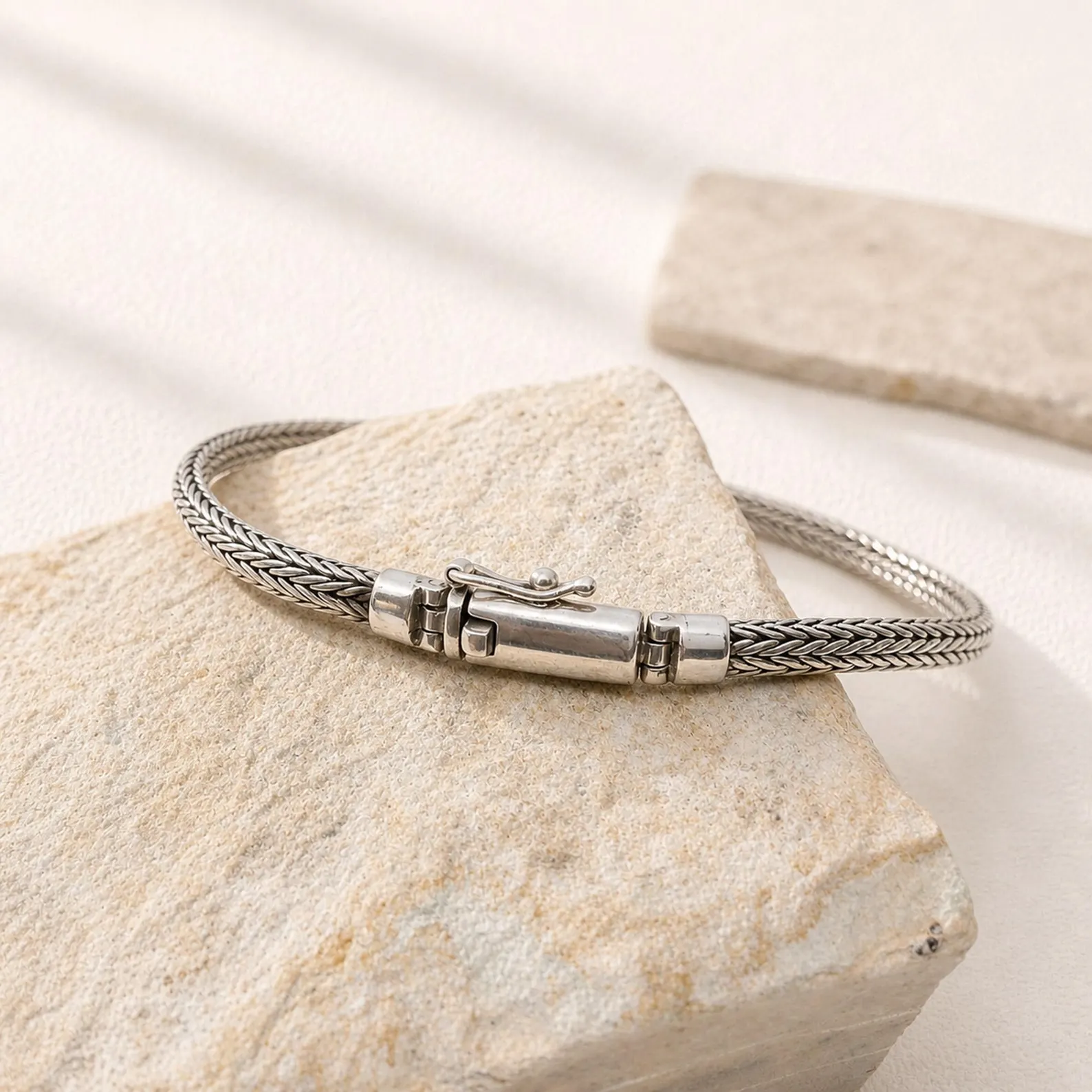 Tulang Style Silver Bracelet on Wrist1 Strong foxtail bracelet with artisan Bali craftsmanship