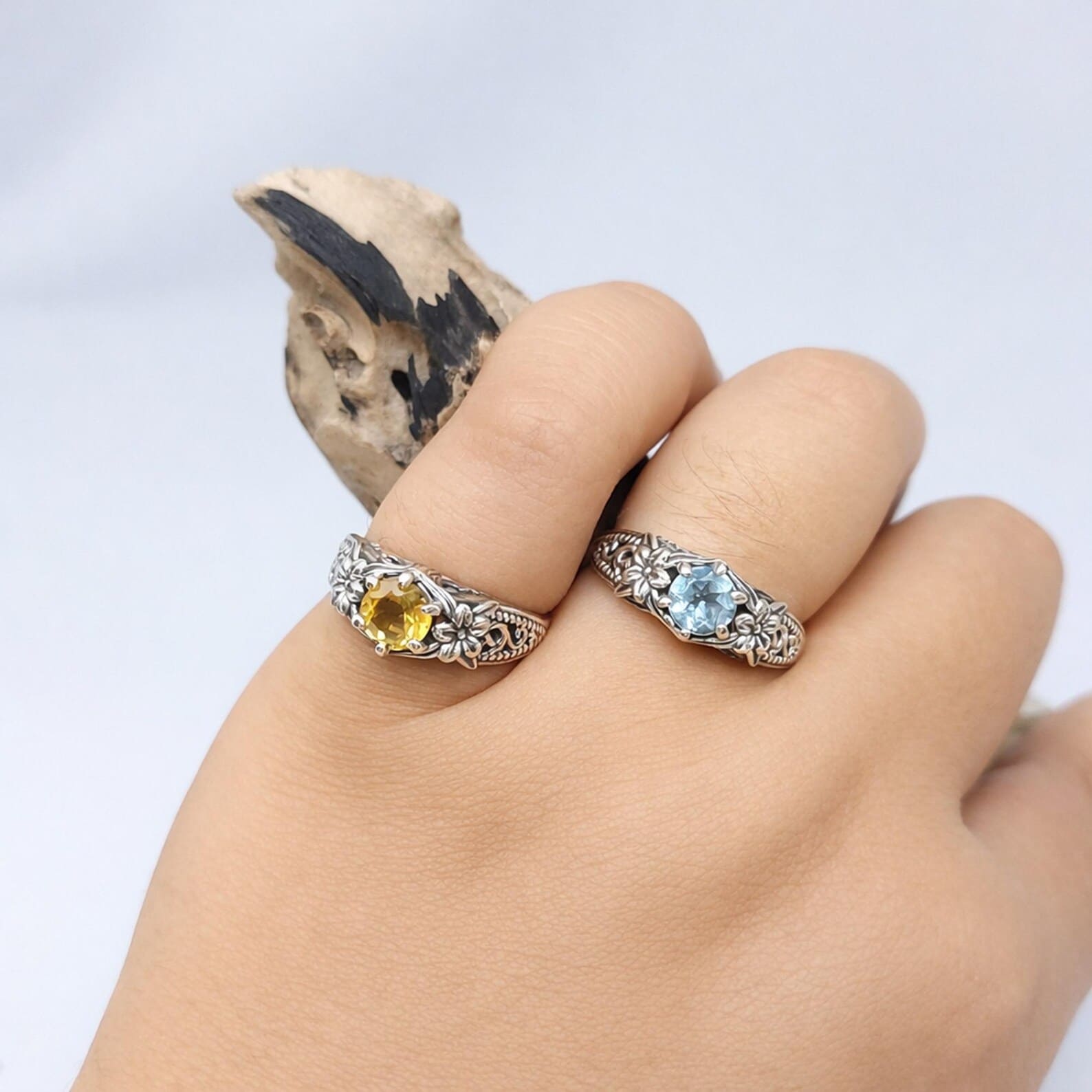 Close Up Floral Engraved Silver Ring Detail Macro Artisan Bali silver floral ring symbolic nature inspired jewelry