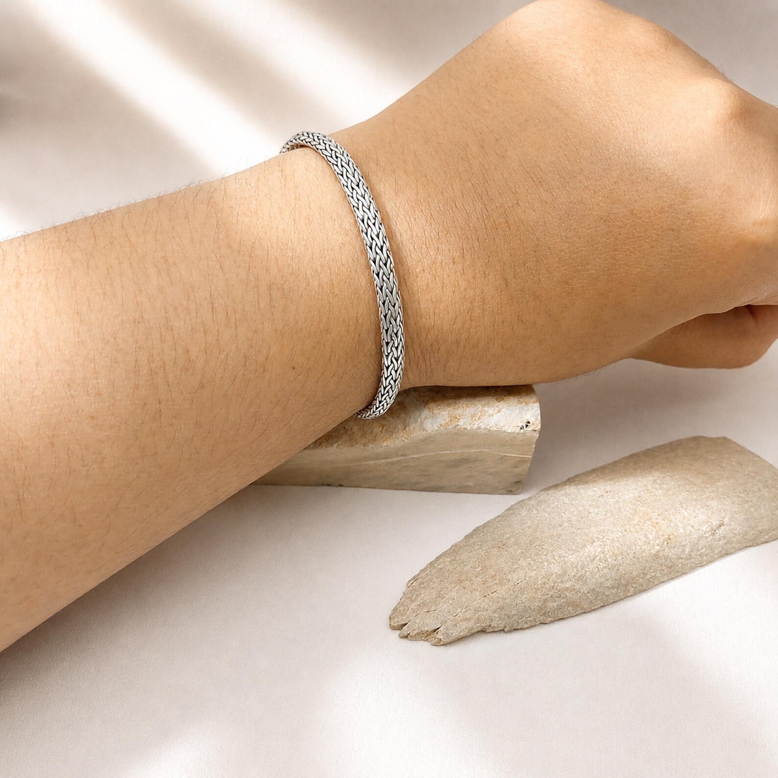 Boho Layered Silver Bracelet Styling 1 Handmade sterling silver herringbone snake chain bracelet with smooth finish