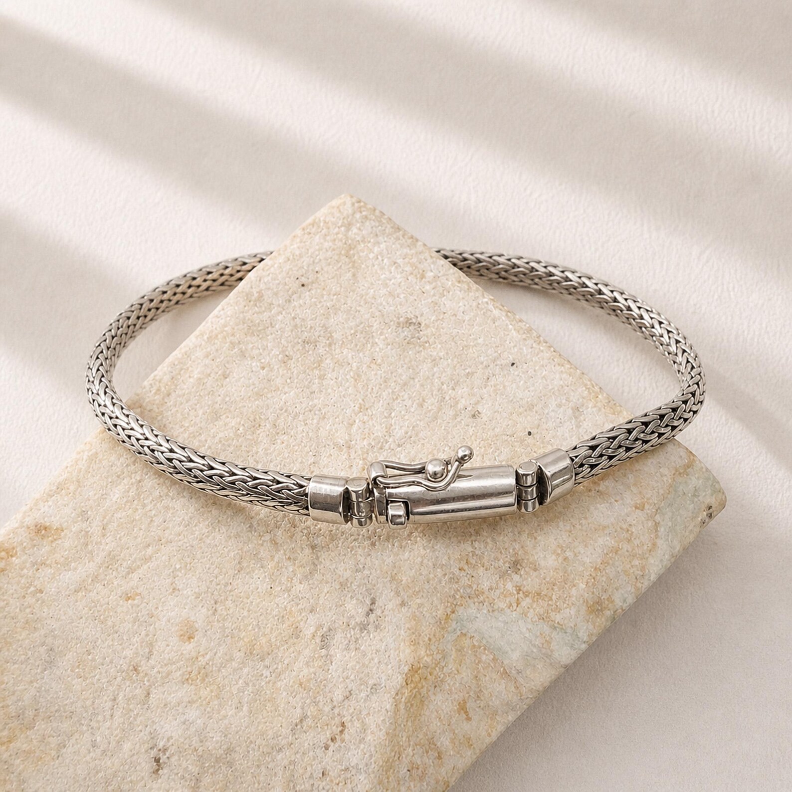 Naga Style Silver Bracelet on Wrist Flat herringbone chain bracelet in boho style