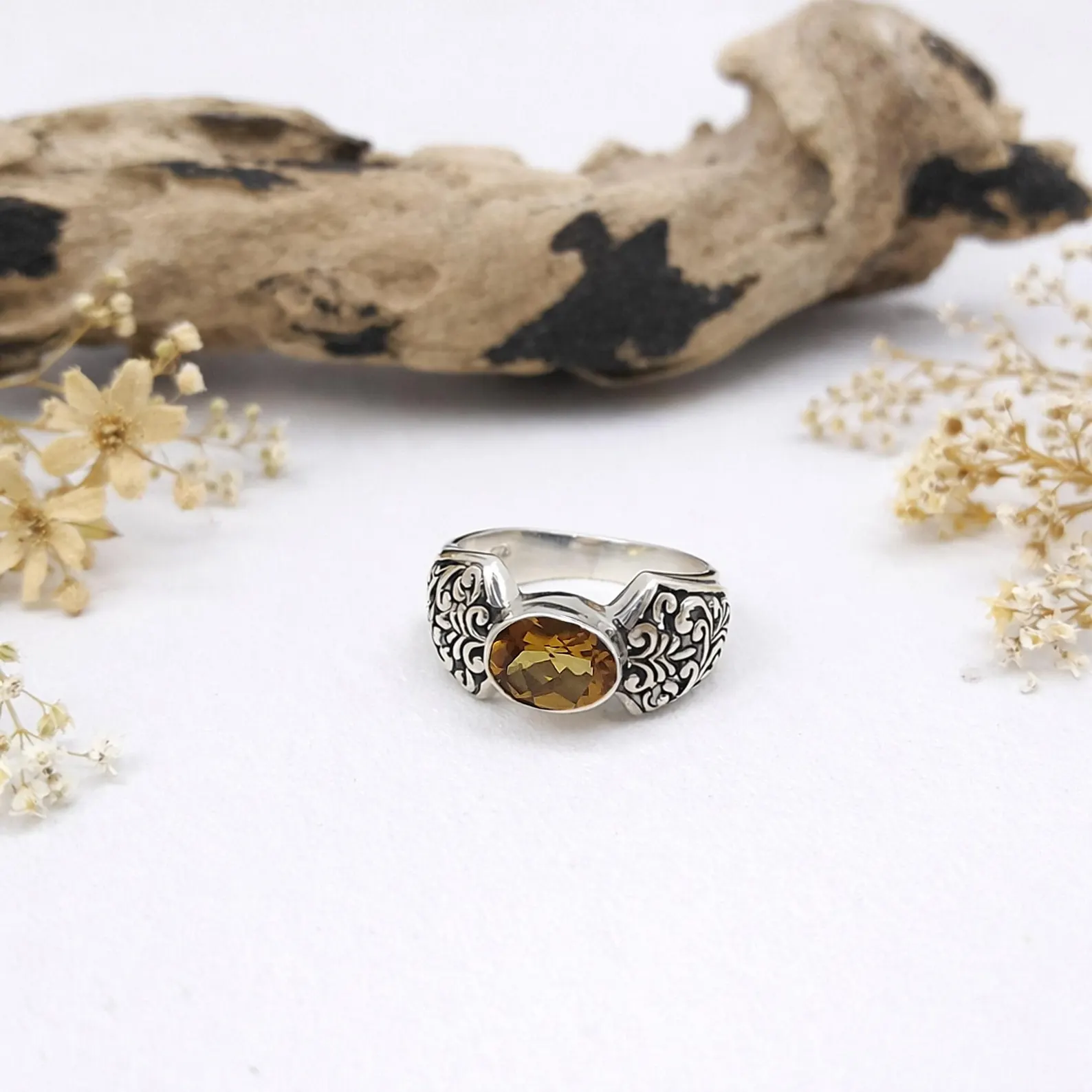 Elegant Minimal Silver Ring Worn On Finger Handmade Bali silver engraved ring macro jewelry detail view
