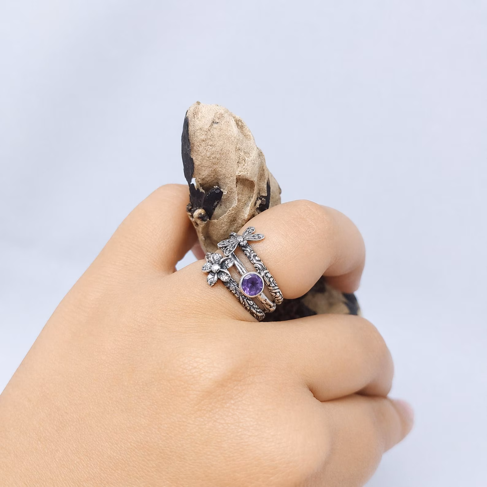 Nature Inspired Jewelry Rings Soft Light Aesthetic Dragonfly motif sterling silver boho ring handmade jewelry detail
