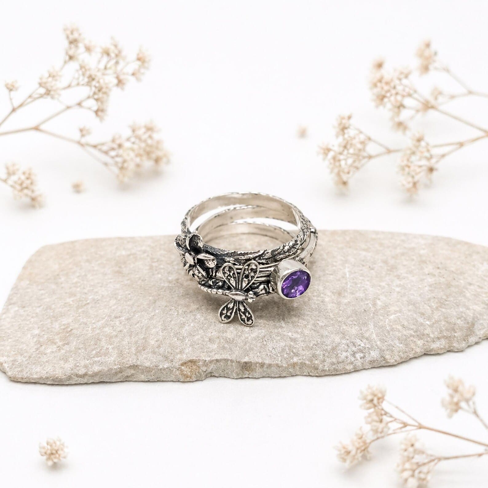 Gift For Her Silver Ring Set Romantic Styling Photo Stackable silver rings worn on hand in elegant bohemian style
