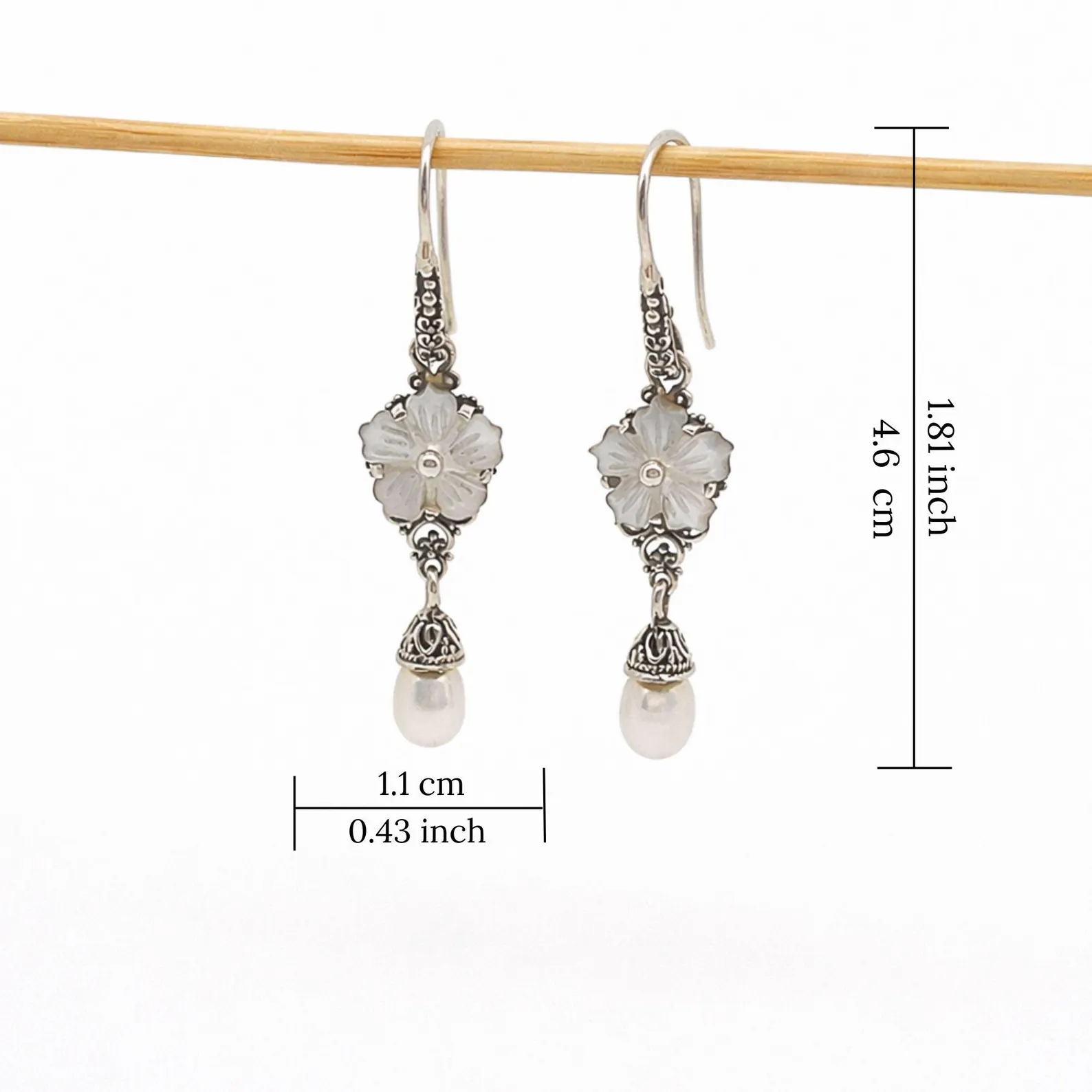 Handmade sterling silver floral pearl drop earrings inspired by Bali Floral Pearl Drop Earrings Front View