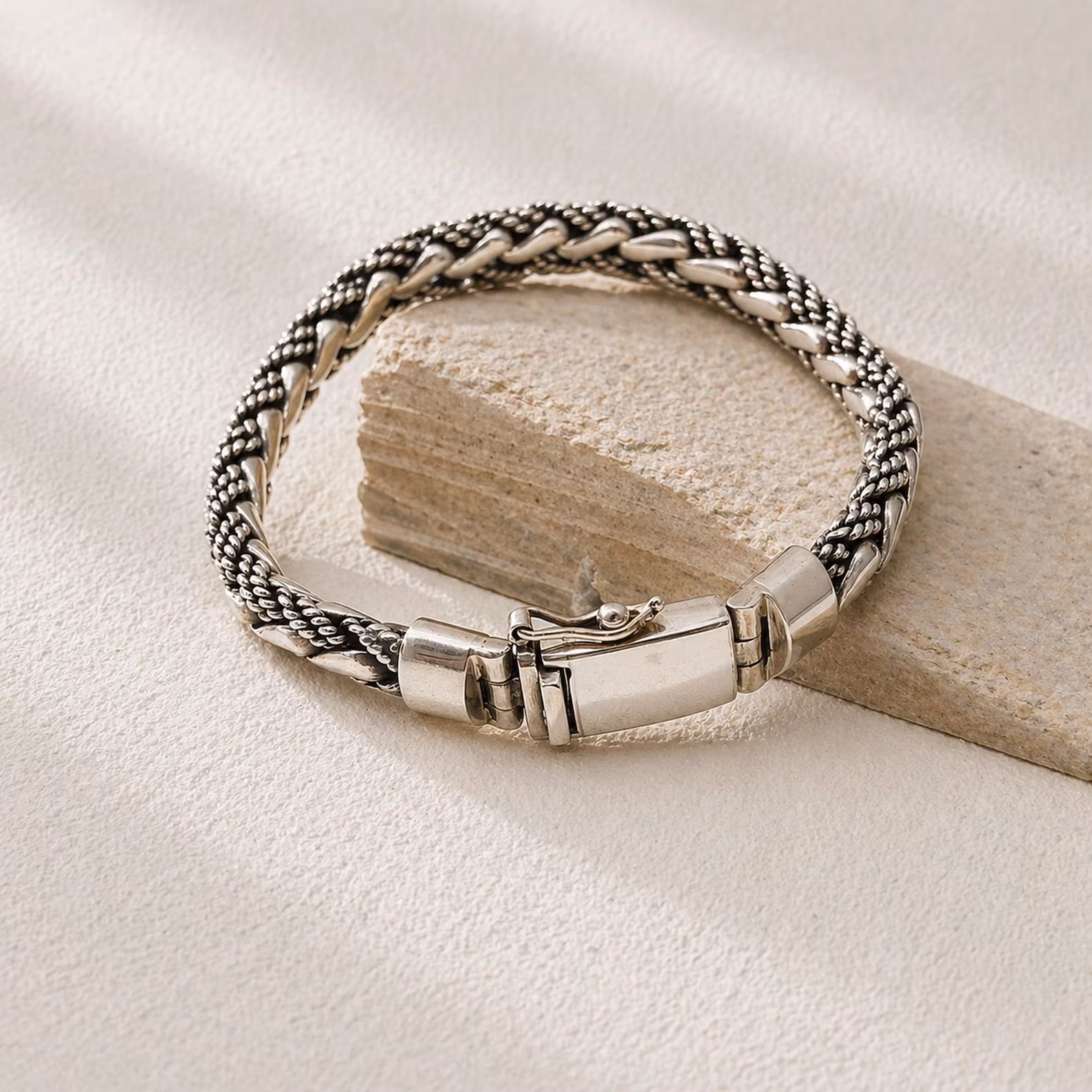 Flat Lay Sterling Silver Bold Chain Bracelet Handmade 8mm sterling silver woven bracelet with bold texture