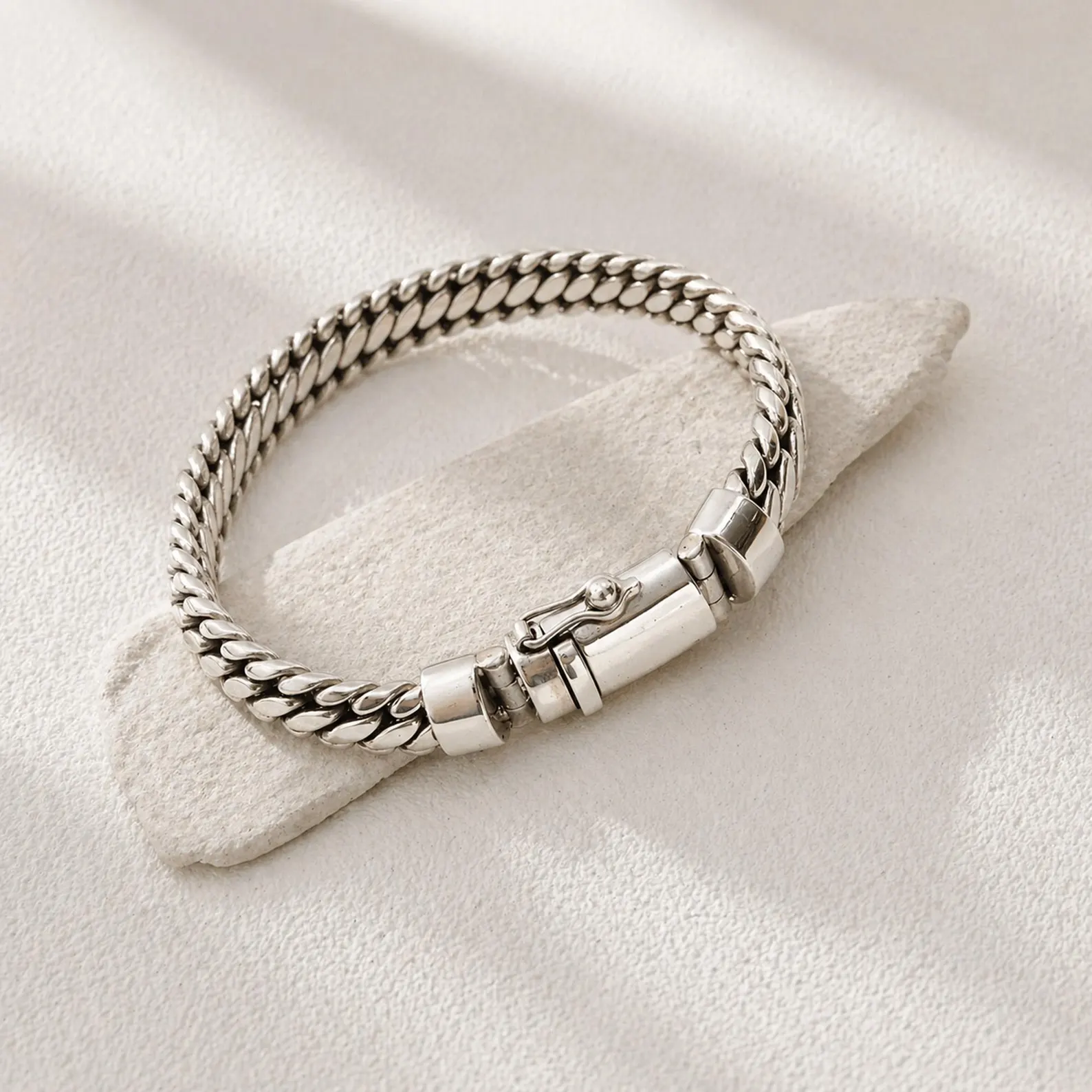 Flat Lay Sterling Silver Cuban Chain Bracelet