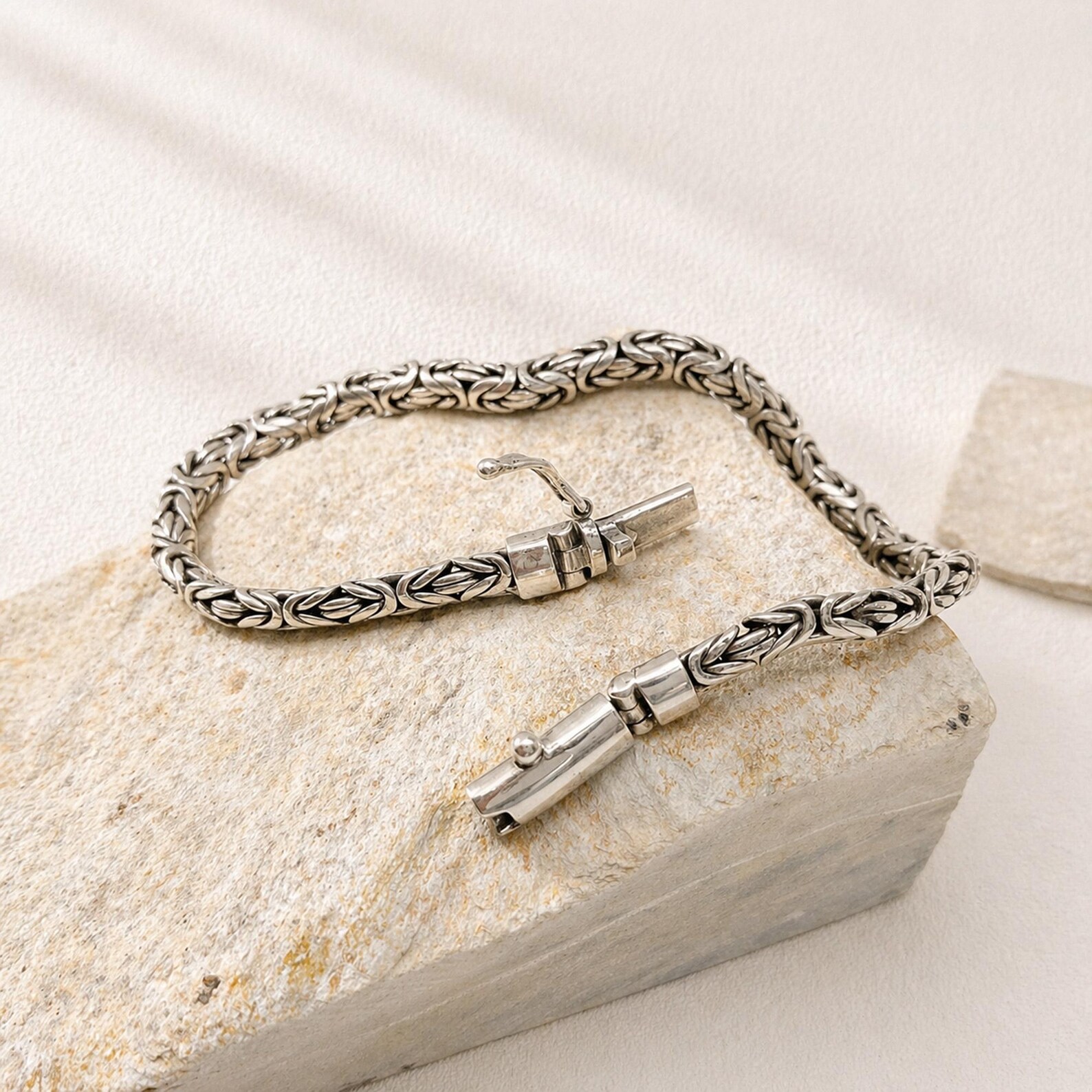 Layered Byzantine Bracelet Styling Sterling silver bracelet clasp detail close-up shot
