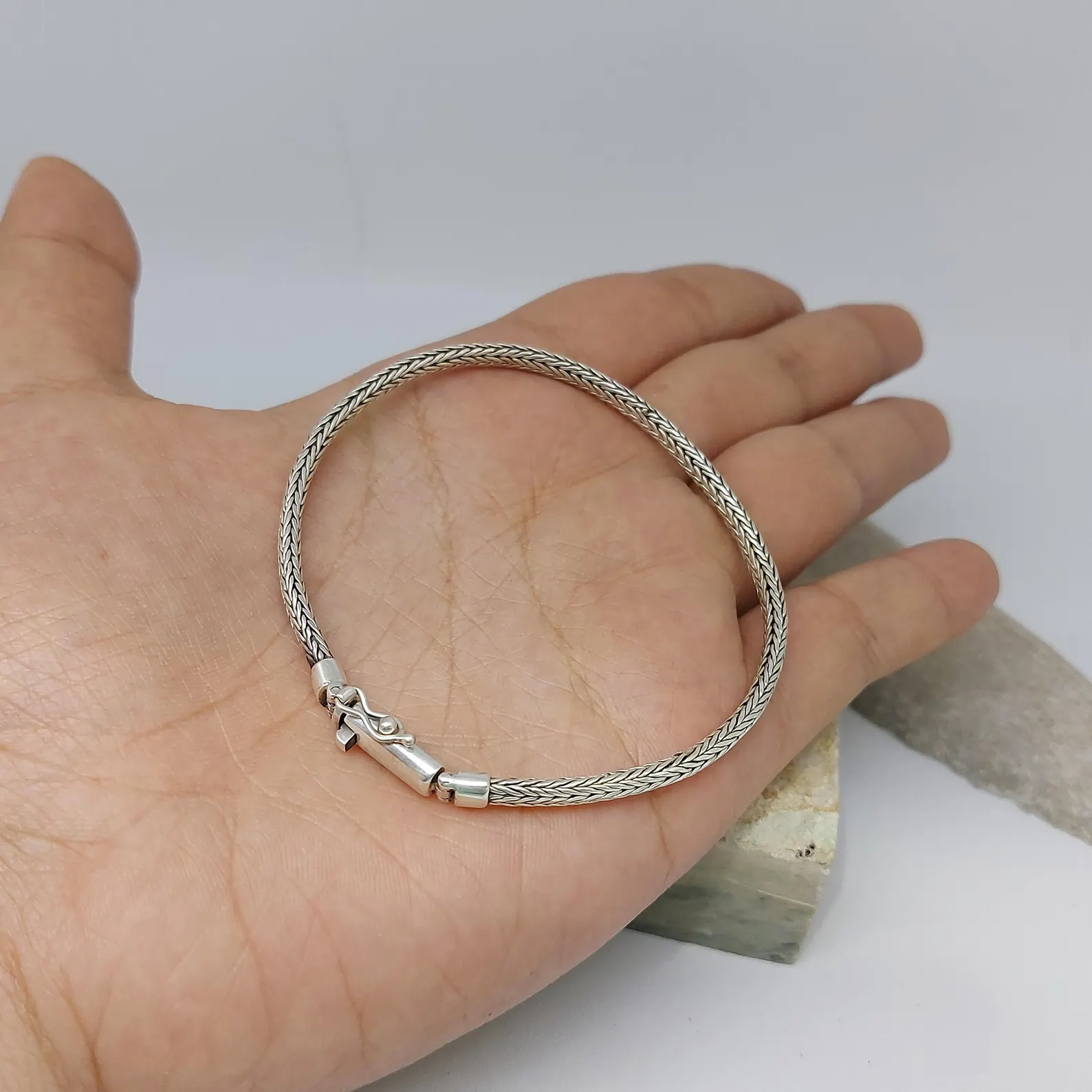 Flat Lay Sterling Silver Chain Bracelet Layered thin woven bracelet styling for women