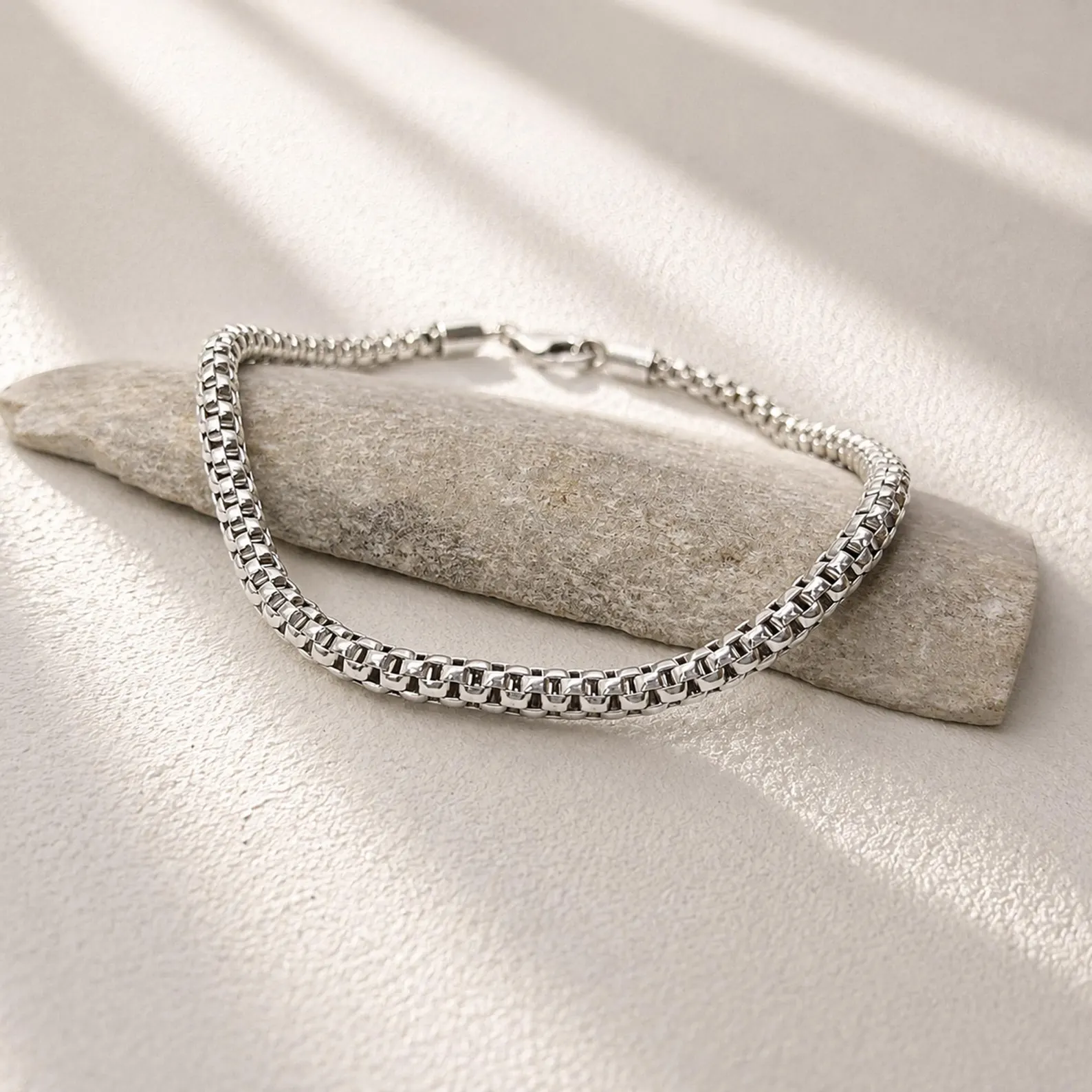 Box Chain Bracelet on Wrist Simple boho chain bracelet in 925 sterling silver