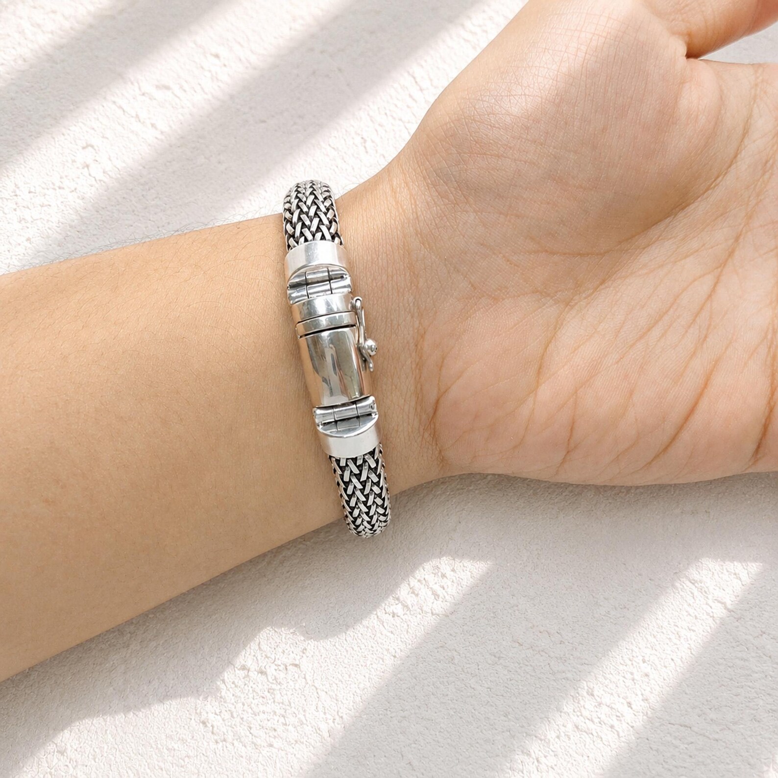Sterling Silver Mesh Bracelet Front View Flexible silver bracelet with smooth woven structure